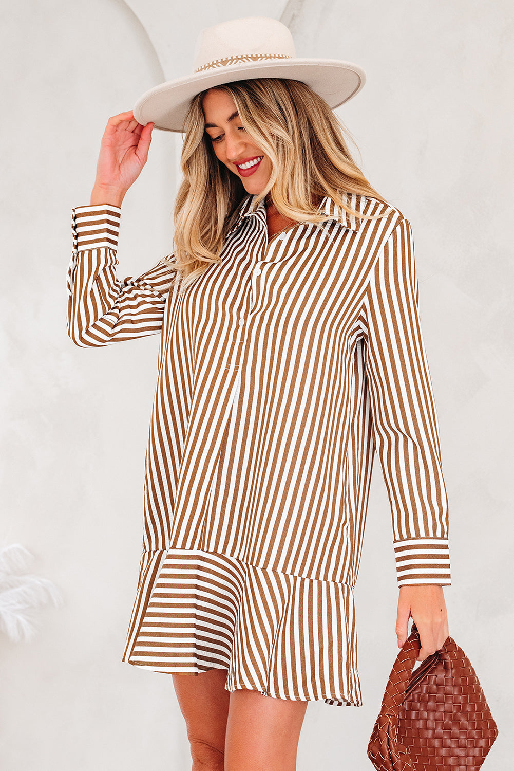 Brown Stripe Ruffled Hem Collared Long Sleeve Shirt Mini Dress-TOPS / DRESSES-[Adult]-[Female]-2022 Online Blue Zone Planet