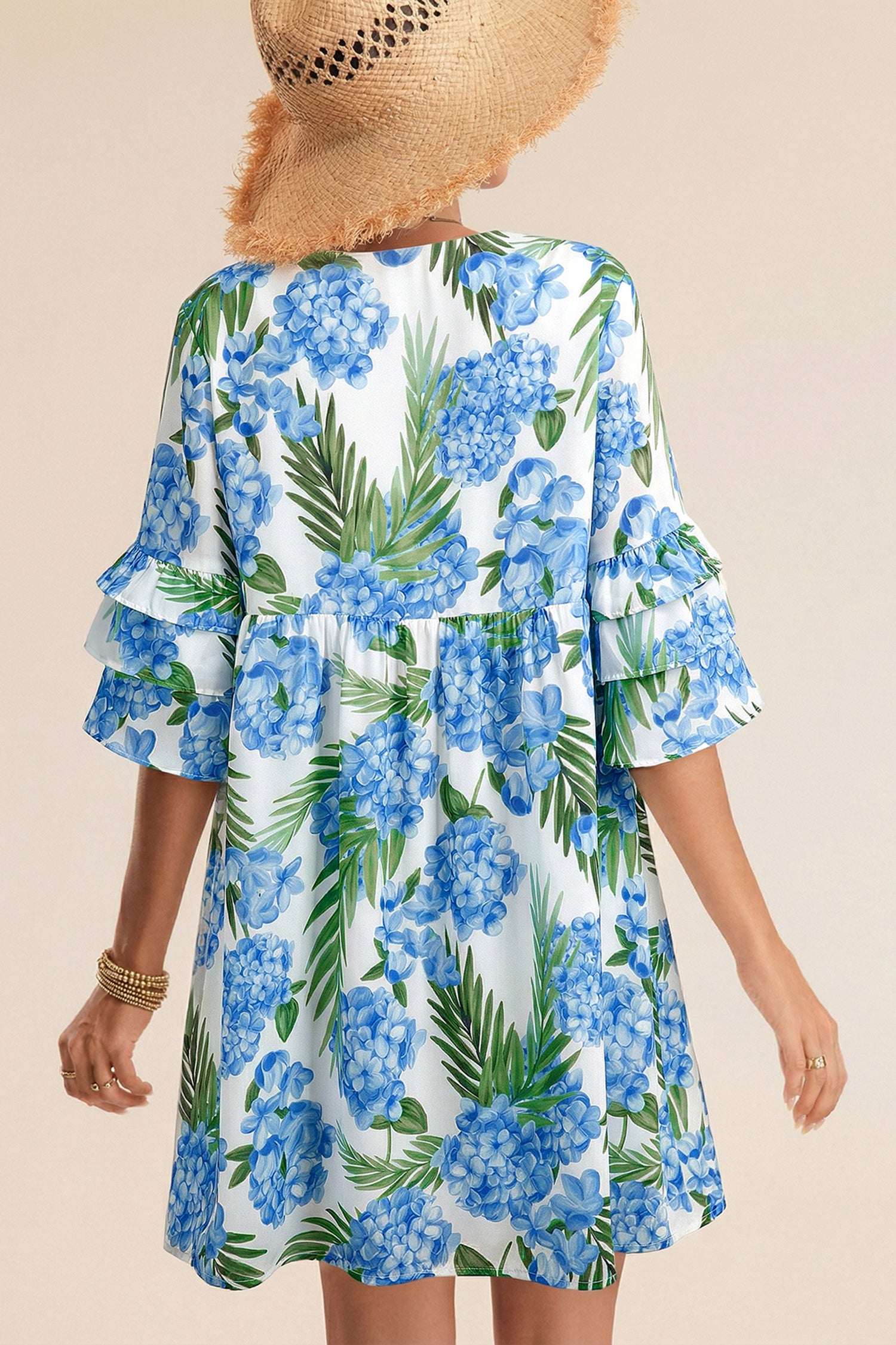 Sky Blue Palm Floral Print Contrast Ribbon Knot Ruffle Tiered Sleeve Mini Dress-Dresses/Floral Dresses-[Adult]-[Female]-2022 Online Blue Zone Planet