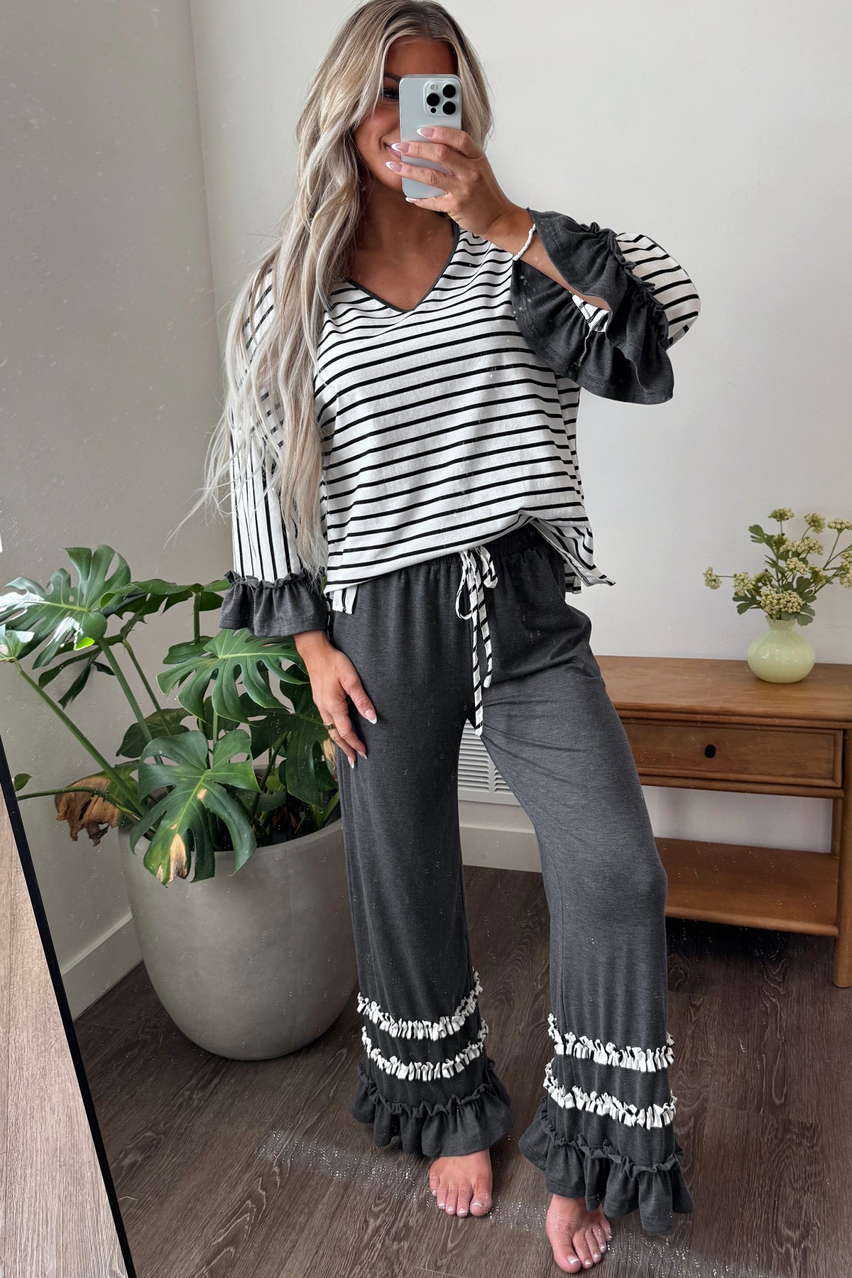 Gray Stripe V Neck Ruffle Contrast Sleeve Top Drawstring Pants 2pcs Set-Two Piece Sets/Pant Sets-[Adult]-[Female]-2022 Online Blue Zone Planet