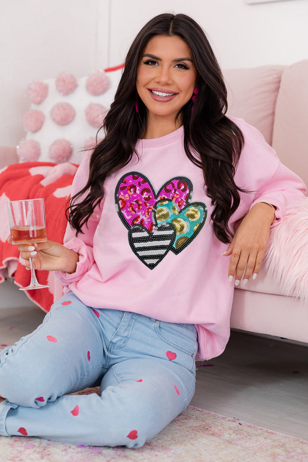 Pink Leopard Heart Patched Graphic Valentines Pullover Sweatshirt-Graphic Sweatshirts-[Adult]-[Female]-2022 Online Blue Zone Planet