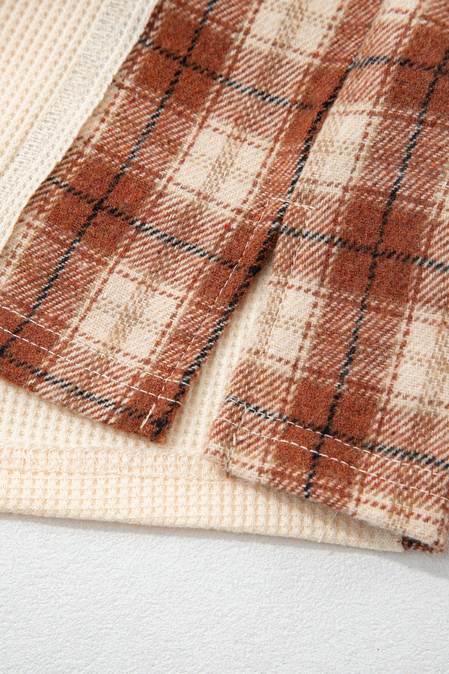 Beige Waffle Textured V Neck Plaid Colorblock Drop Shoulder Long Sleeve Top-Tops/Long Sleeve Tops-[Adult]-[Female]-2022 Online Blue Zone Planet