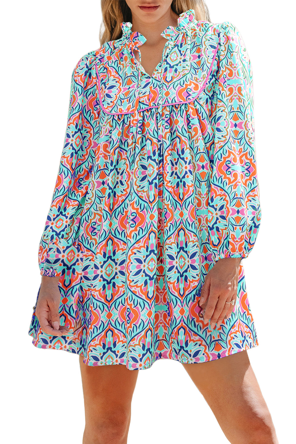 Sky Blue Abstract Printed Long Sleeve Tied Neckline Mini Dress-Dresses/Mini Dresses-[Adult]-[Female]-2022 Online Blue Zone Planet