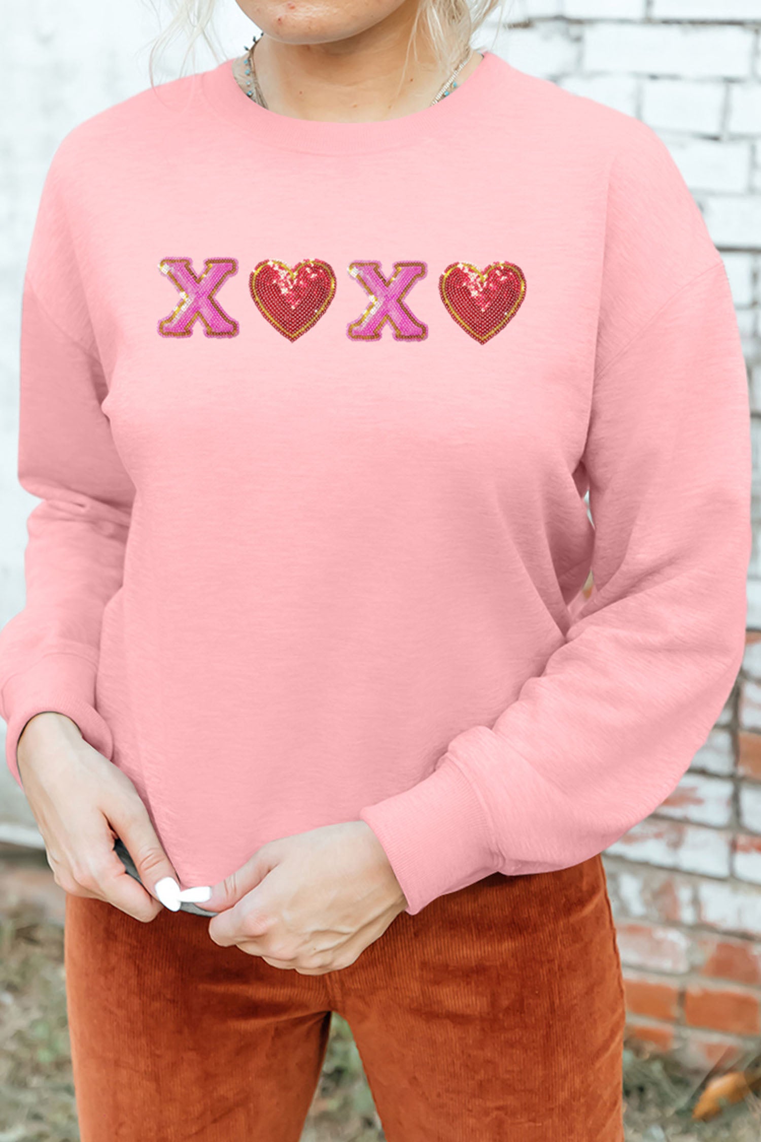 Pink XOXO Sequin Heart Patched Valentines Day Drop Shoulder Sweatshirt-Graphic Sweatshirts-[Adult]-[Female]-2022 Online Blue Zone Planet