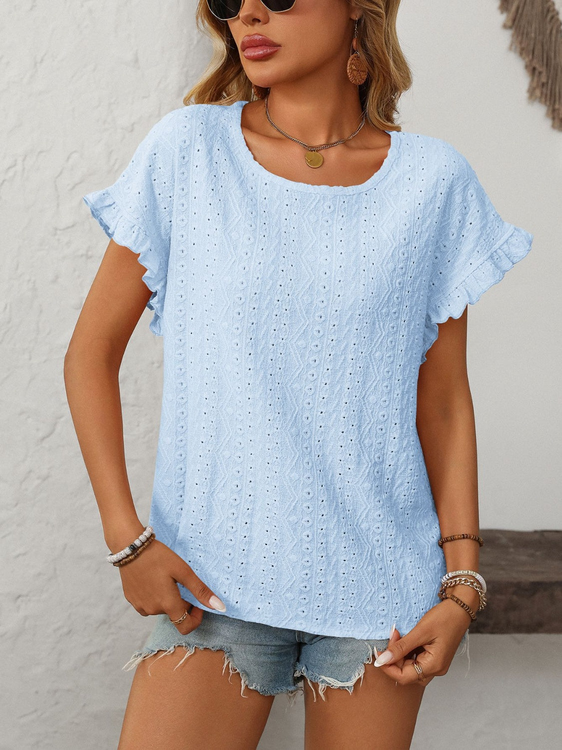 Mandy Eyelet Round Neck Short Sleeve Top-TOPS / DRESSES-[Adult]-[Female]-Light Blue-S-2022 Online Blue Zone Planet