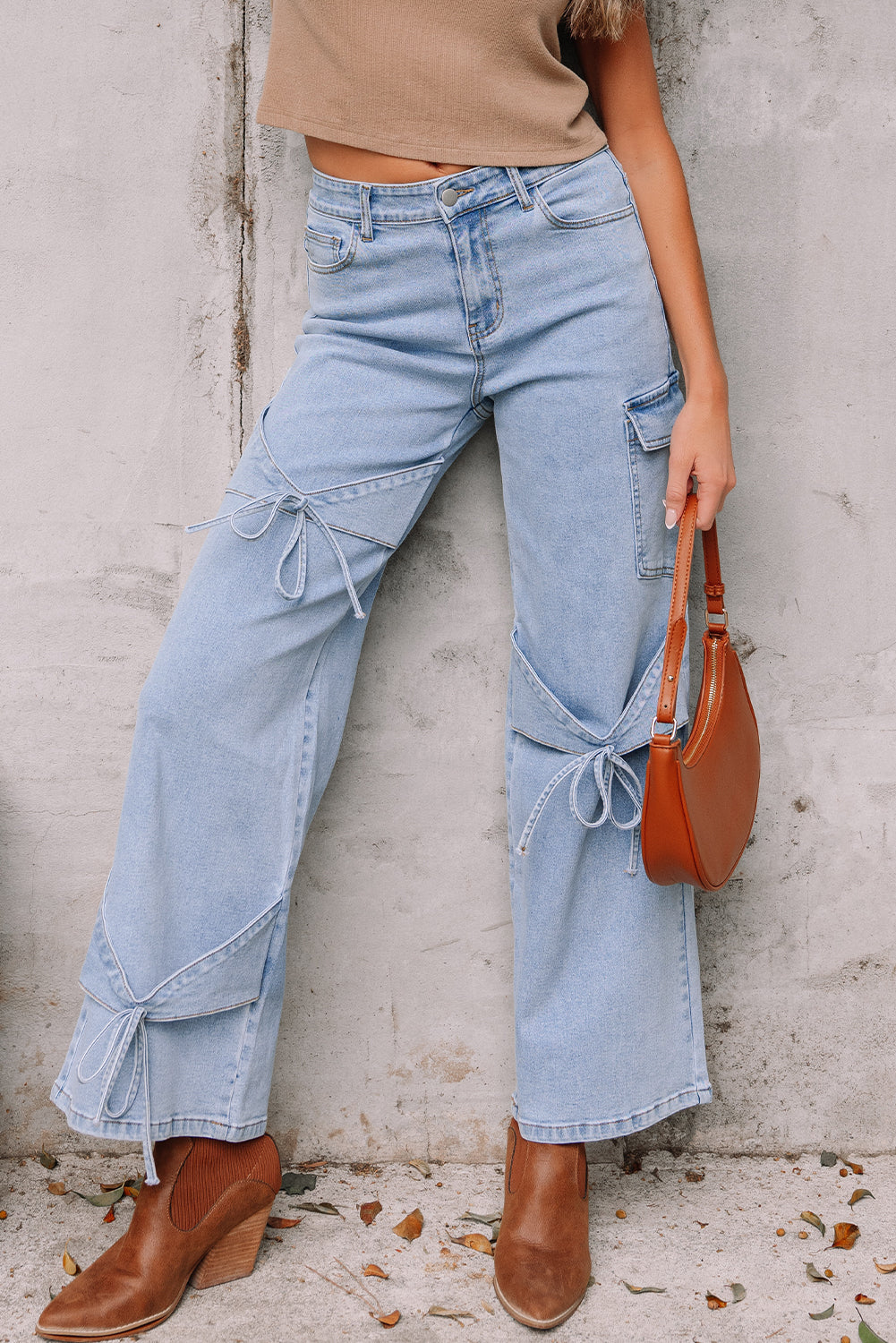 Beau Blue Bowknot Decor Boyfriend Cargo Jeans-Bottoms/Jeans-[Adult]-[Female]-2022 Online Blue Zone Planet