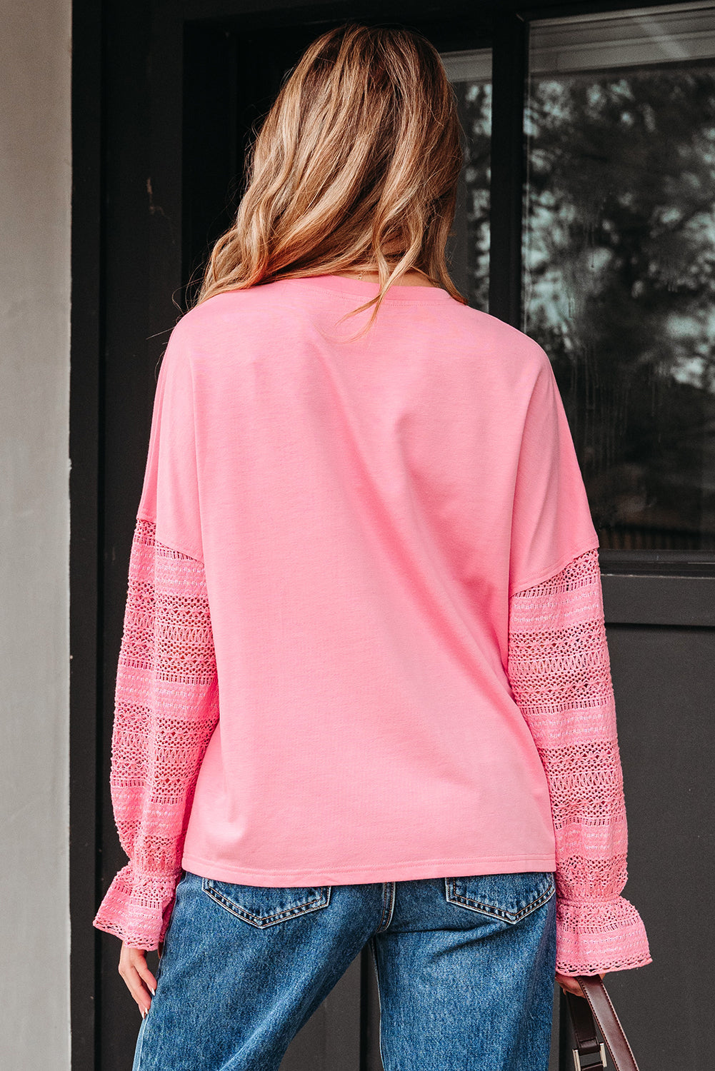 Sachet Pink Drop Shoulder Lace Ruffled Sleeve Patchwork Loose Sweatshirt-Tops/Sweatshirts & Hoodies-[Adult]-[Female]-2022 Online Blue Zone Planet