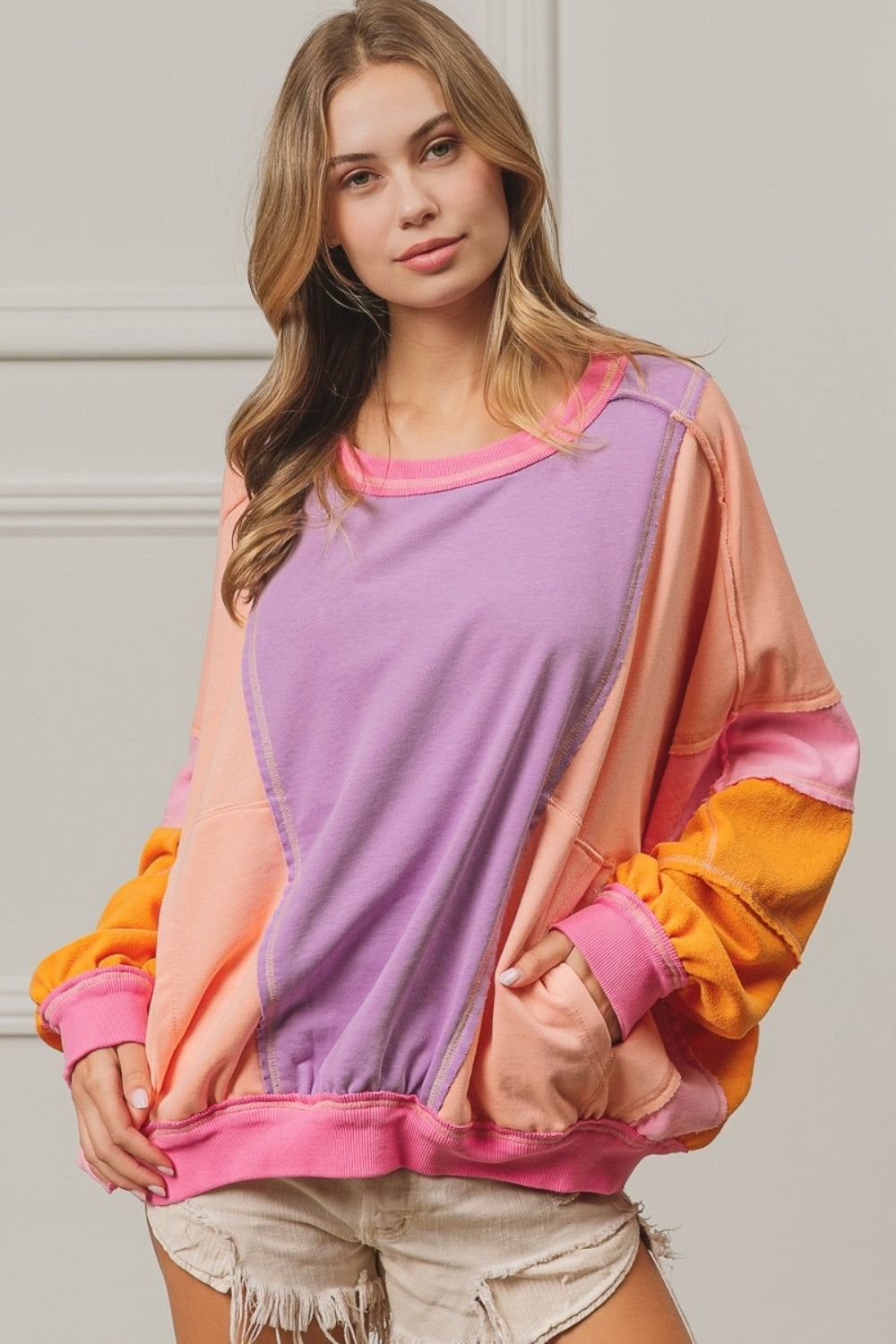 Blue Zone Planet | BiBi Color Block Exposed Seam Sweatshirt with Pockets-TOPS / DRESSES-[Adult]-[Female]-Lavender/Peach/Fuchsia-S-2022 Online Blue Zone Planet