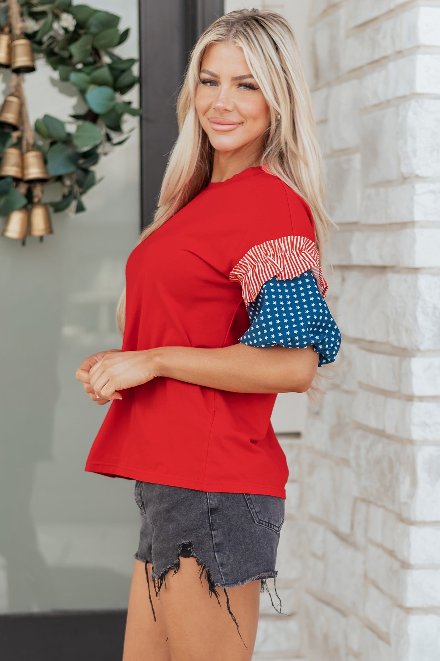 Fiery Red Stars Stripes Short Puff Sleeve Top-Tops/Tops & Tees-[Adult]-[Female]-2022 Online Blue Zone Planet