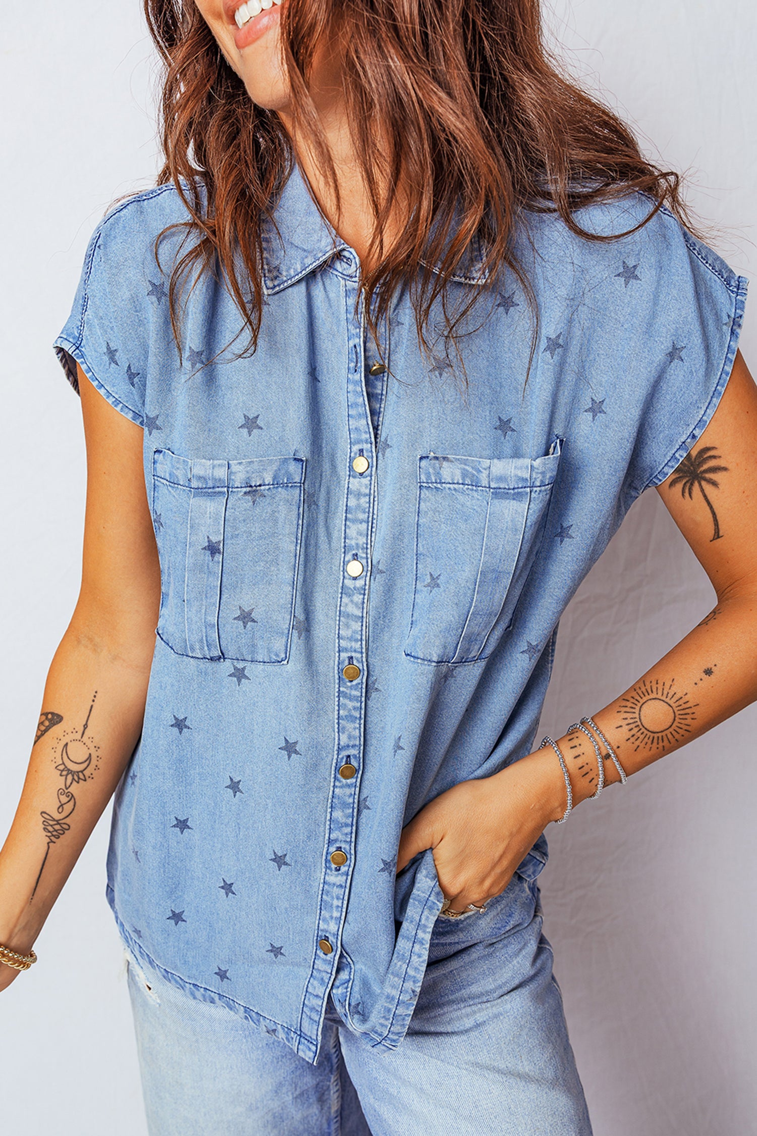 Beau Blue Star Allover Print Double Chest Pocket Short Sleeve Denim Shirt-Tops/Blouses & Shirts-[Adult]-[Female]-Beau Blue-S-2022 Online Blue Zone Planet
