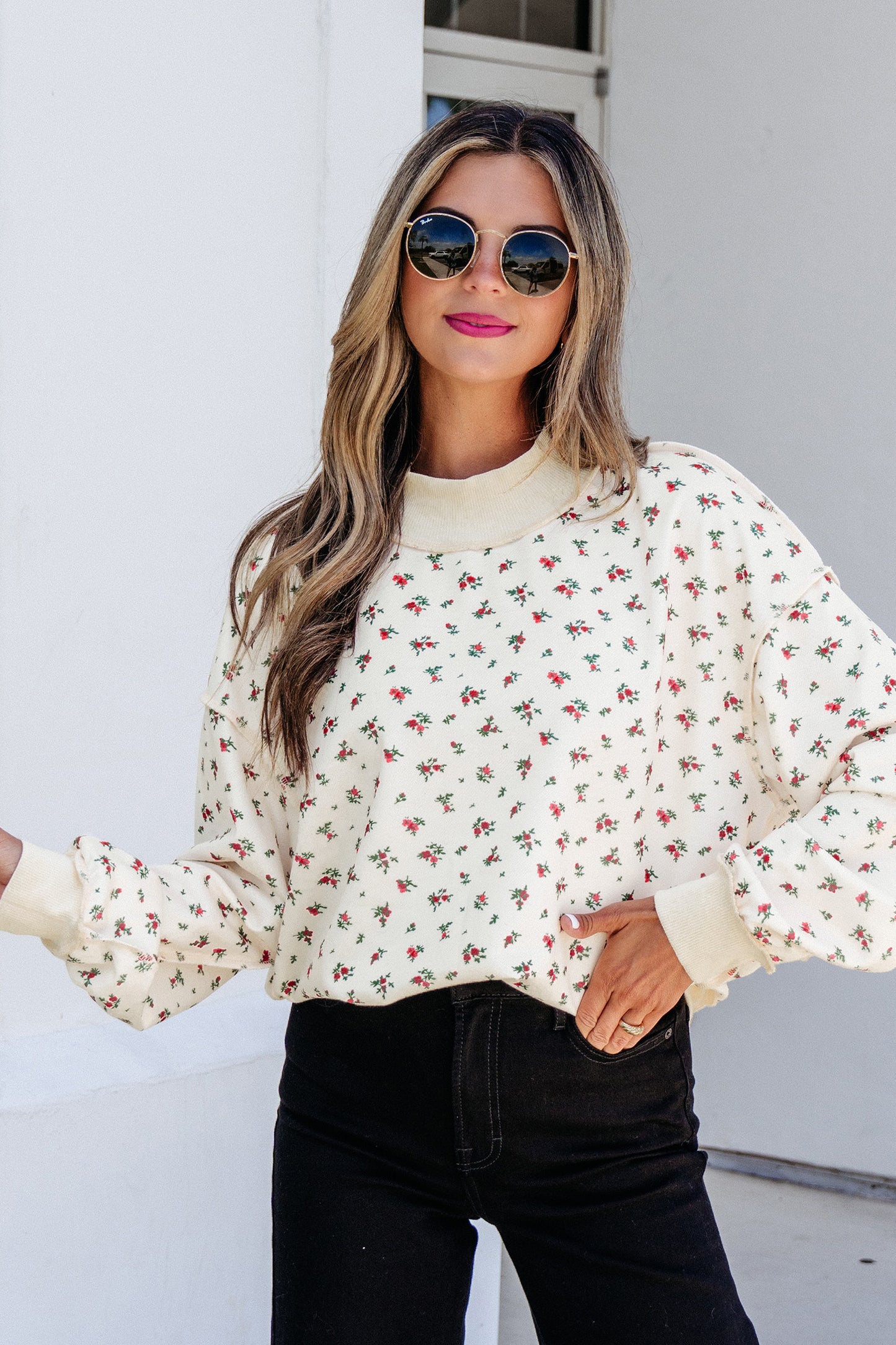 Beige Ribbed High Neck Patchwork Floral Print Baggy Pullover Sweatshirt-Tops/Sweatshirts & Hoodies-[Adult]-[Female]-2022 Online Blue Zone Planet