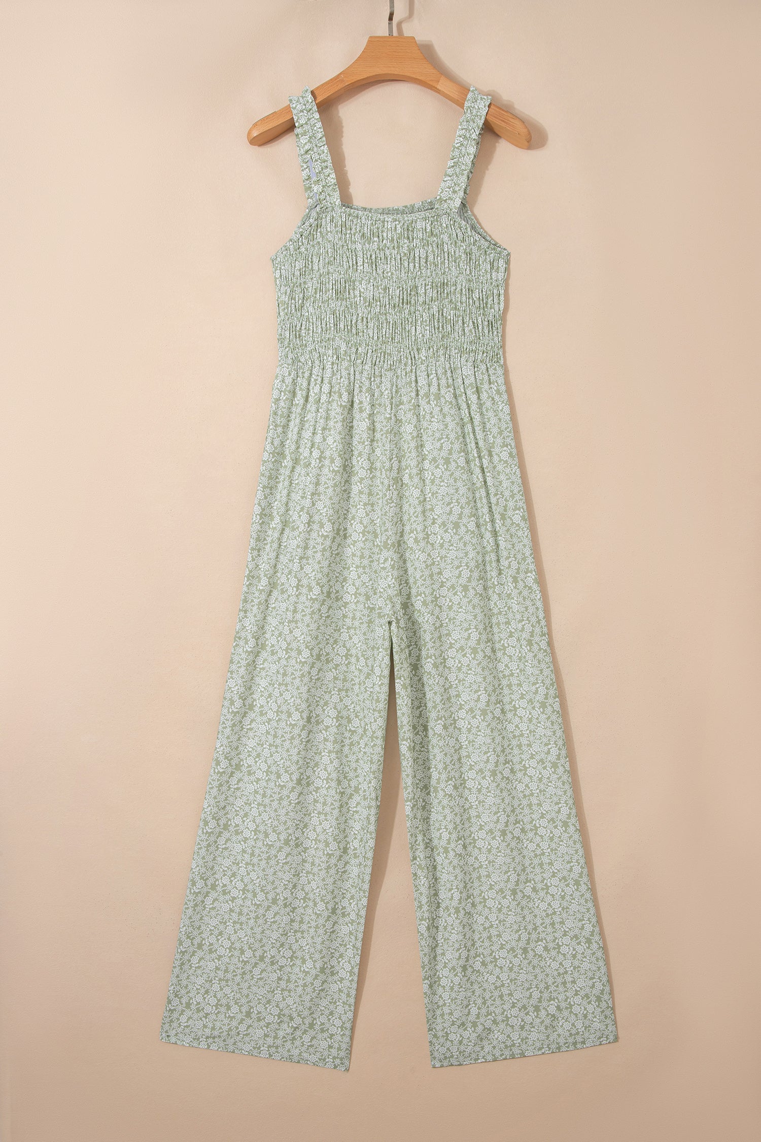 Green Smocked Bodice Square Neck Sleeveless Floral Jumpsuit-Bottoms/Jumpsuits & Rompers-[Adult]-[Female]-2022 Online Blue Zone Planet