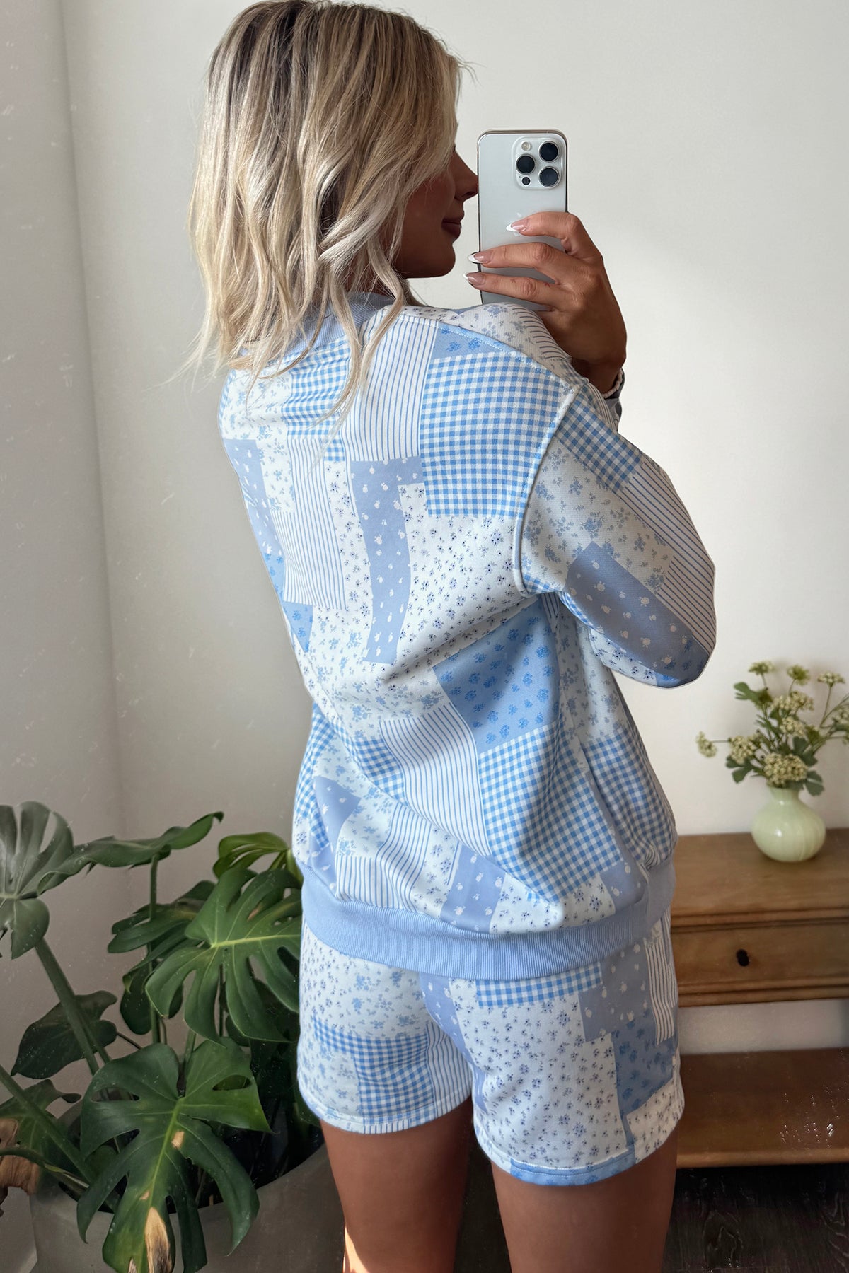 Sky Blue Patchwork Floral Print Drop Shoulder Baggy Pullover Drawstring Shorts Set-Two Piece Sets/Short Sets-[Adult]-[Female]-2022 Online Blue Zone Planet