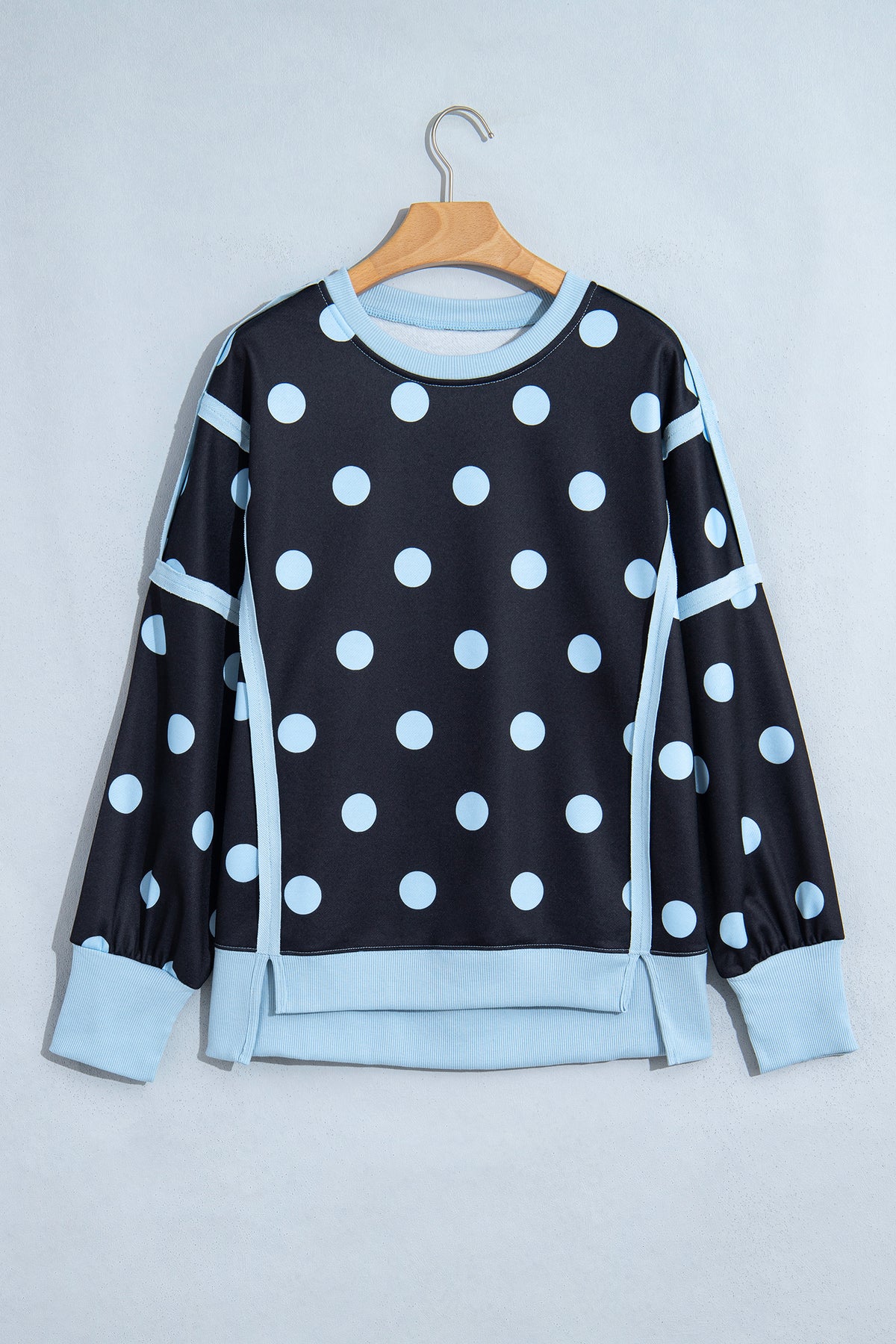 White Polka Dot Contrast Patchwork Round Neck Baggy Sweatshirt-Tops/Sweatshirts & Hoodies-[Adult]-[Female]-2022 Online Blue Zone Planet