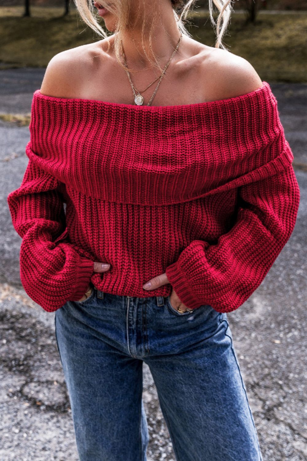 Off-Shoulder Long Sleeve Sweater-TOPS / DRESSES-[Adult]-[Female]-Deep Red-S-2022 Online Blue Zone Planet