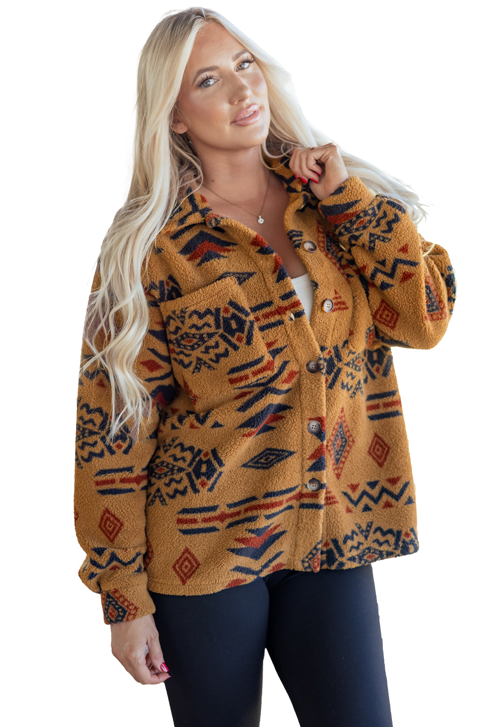 Khaki Western Aztec Pattern Fleece Shacket-TOPS / DRESSES-[Adult]-[Female]-2022 Online Blue Zone Planet