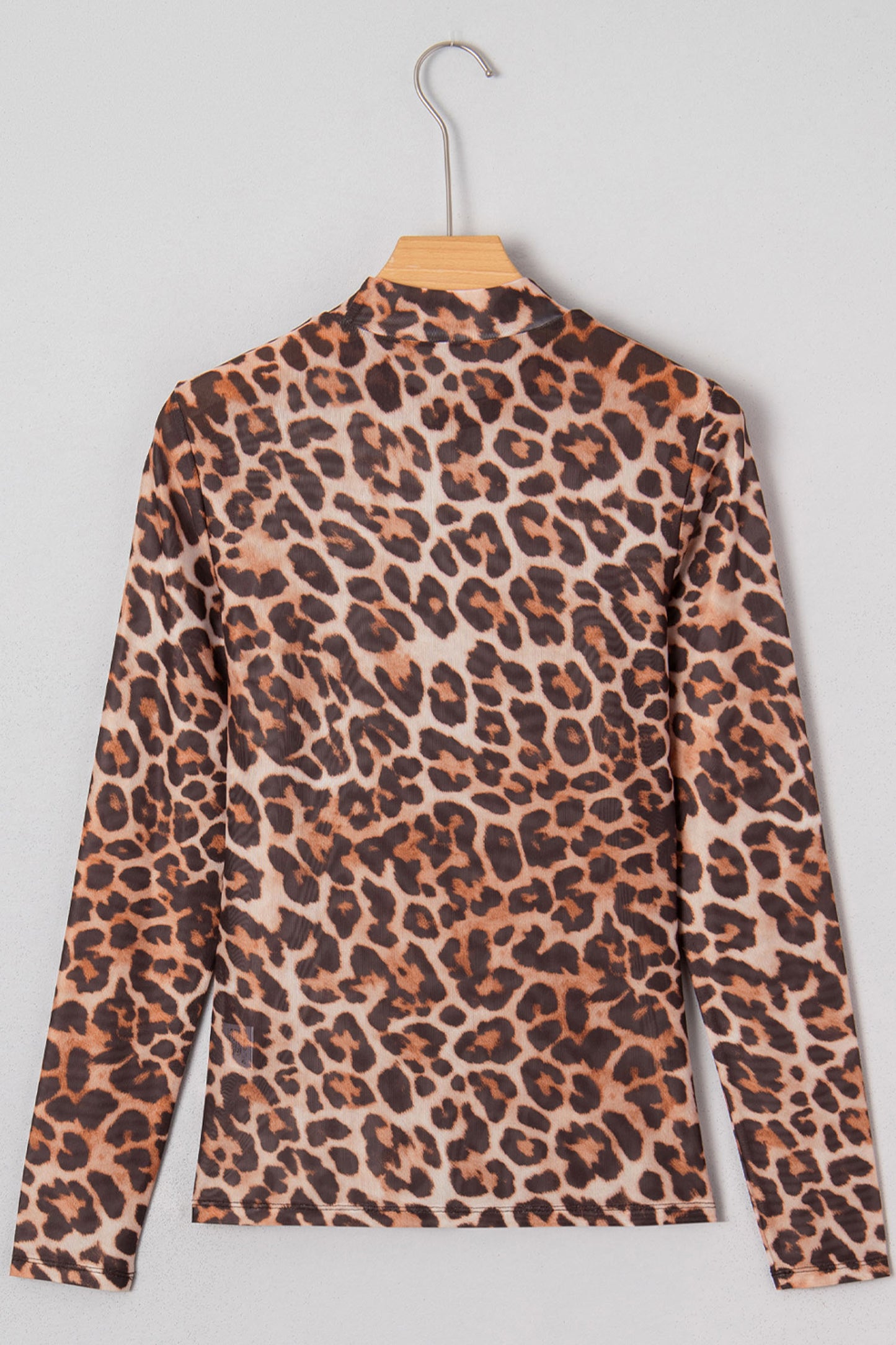 Brown Plus Size Mock Neck Leopard Mesh Top-Plus Size/Plus Size Tops/Plus Size Long Sleeve Tops-[Adult]-[Female]-2022 Online Blue Zone Planet