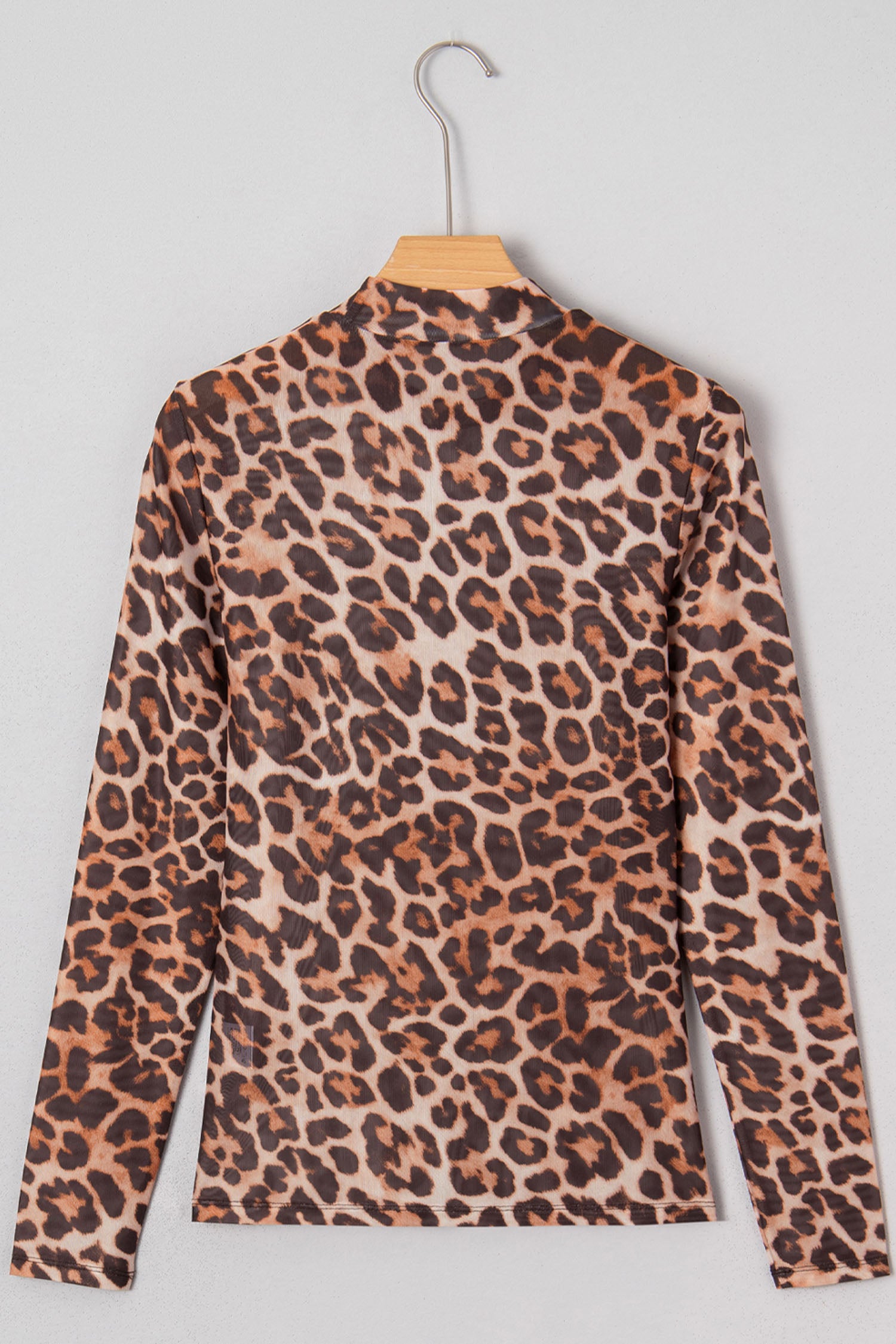 Brown Plus Size Mock Neck Leopard Mesh Top-Plus Size/Plus Size Tops/Plus Size Long Sleeve Tops-[Adult]-[Female]-2022 Online Blue Zone Planet