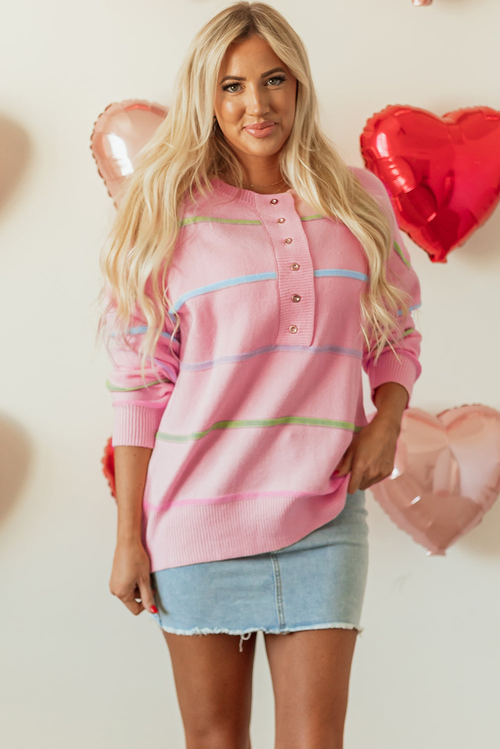 Blue Zone Planet | White Rainbow Stripes Drop Shoulder Baggy Henley Sweater-Sweaters & Cardigans/Sweaters-[Adult]-[Female]-2022 Online Blue Zone Planet