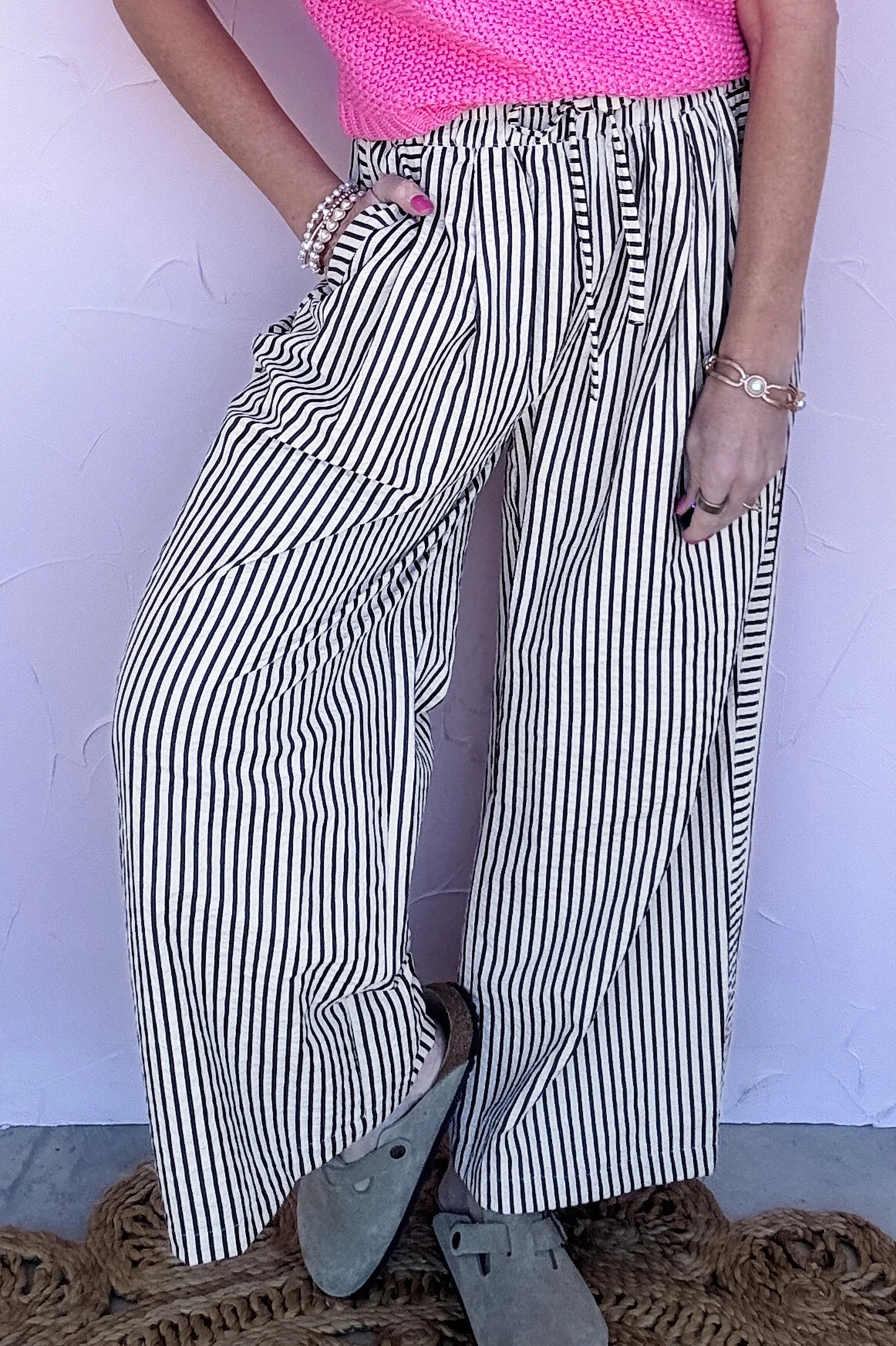 Black Stripe Wide Leg Casual Pants-Bottoms/Pants & Culotte-[Adult]-[Female]-2022 Online Blue Zone Planet
