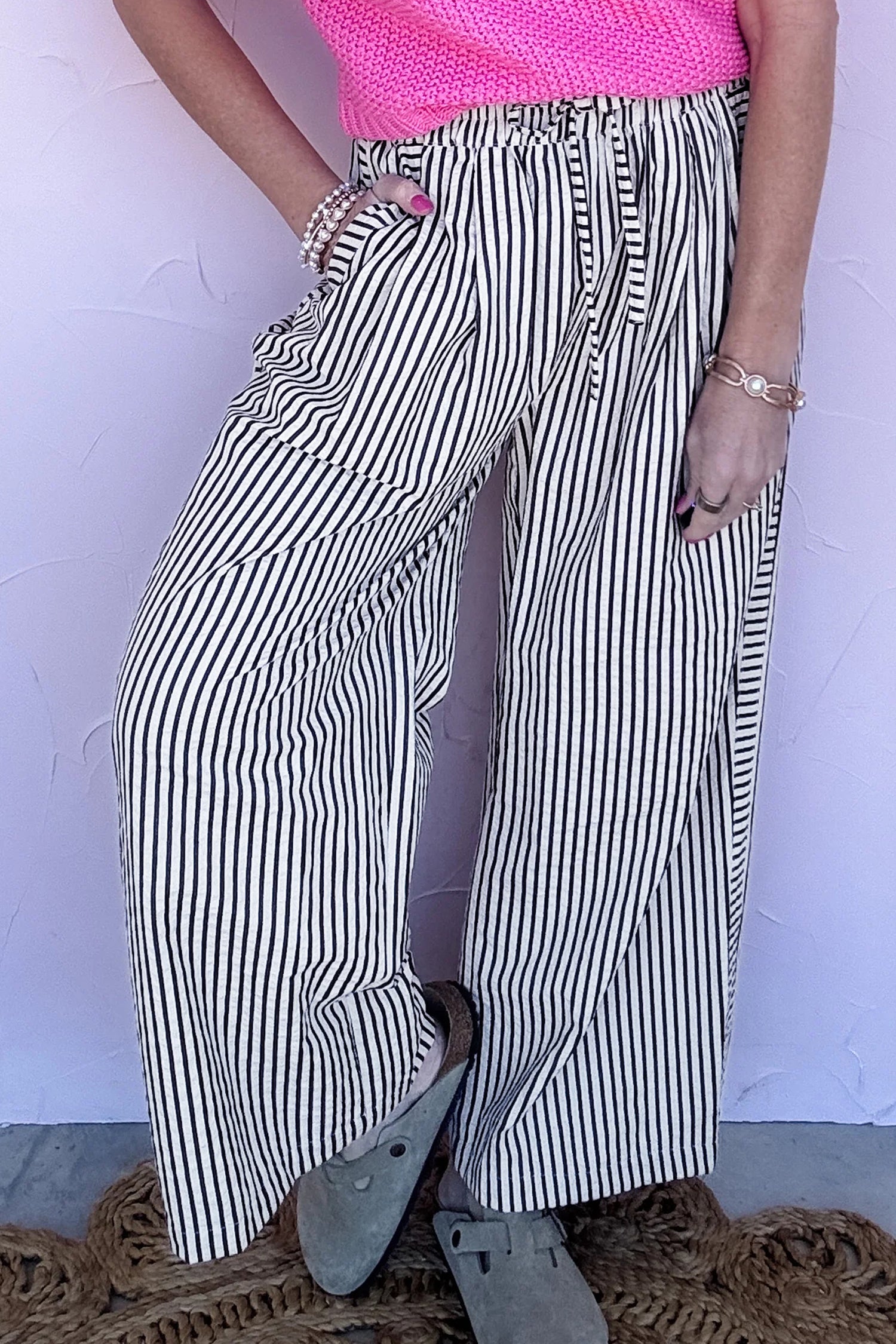 Black Stripe Wide Leg Casual Pants-Bottoms/Pants & Culotte-[Adult]-[Female]-2022 Online Blue Zone Planet