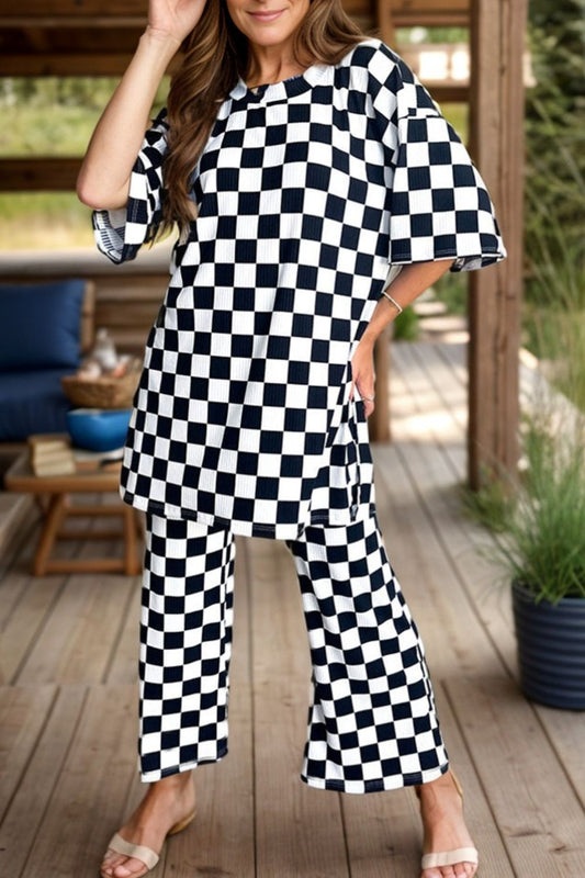 Blue Zone Planet | Checkered Round Neck Half Sleeve Top and Pants Set-TOPS / DRESSES-[Adult]-[Female]-Black-S-2022 Online Blue Zone Planet