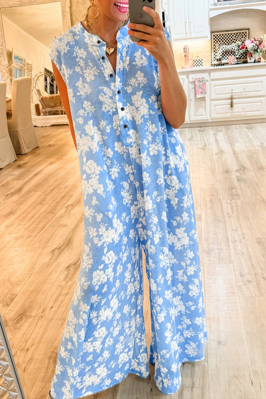 Myosotis Floral Print Half Button Wide Leg Relaxed Sleeveless Jumpsuit-Bottoms/Jumpsuits & Rompers-[Adult]-[Female]-Myosotis-S-2022 Online Blue Zone Planet