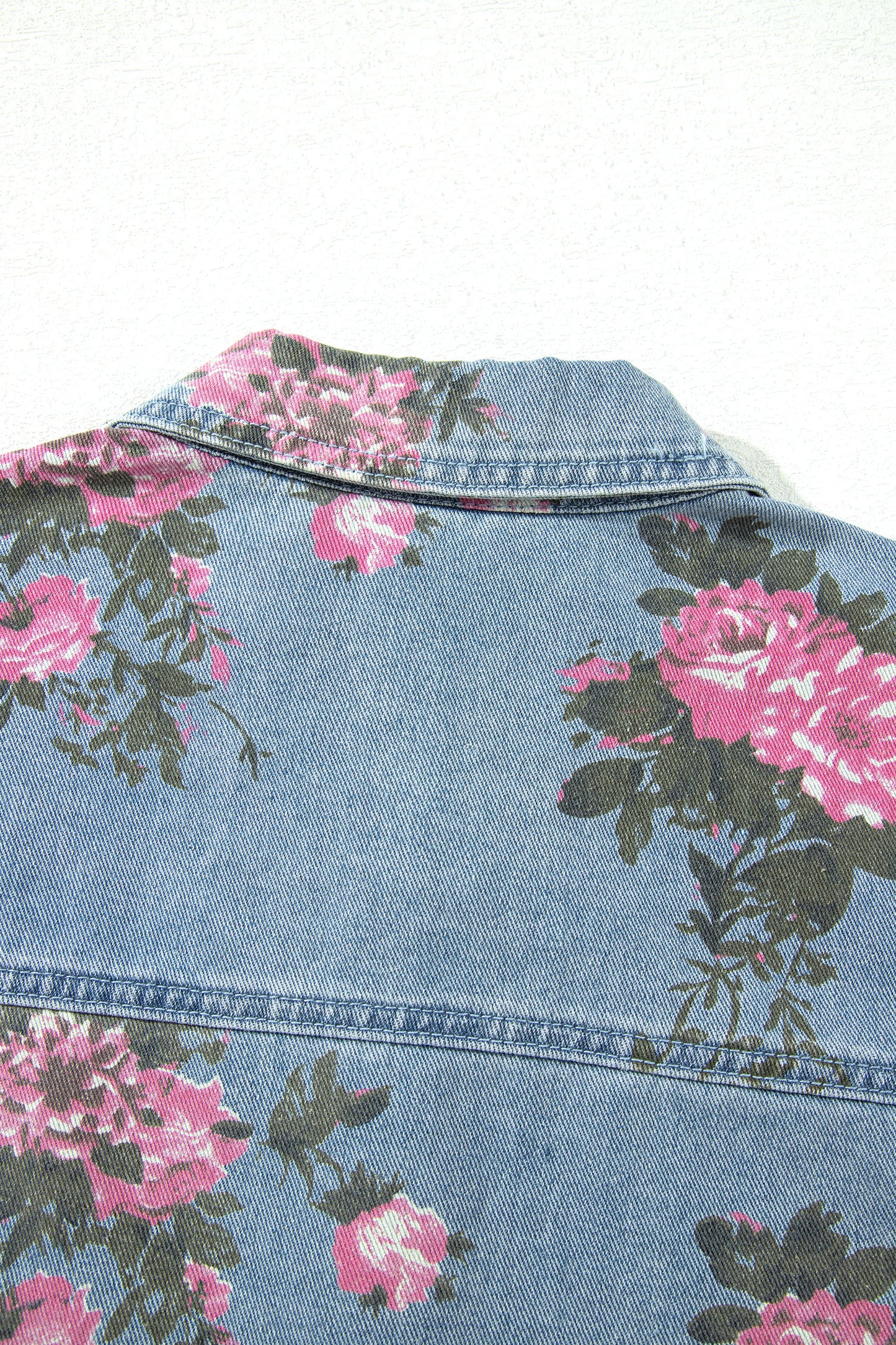 Sky Blue Floral Print Raw Seam Ruffle Hem Denim Jacket-Outerwear/Denim jackets-[Adult]-[Female]-2022 Online Blue Zone Planet