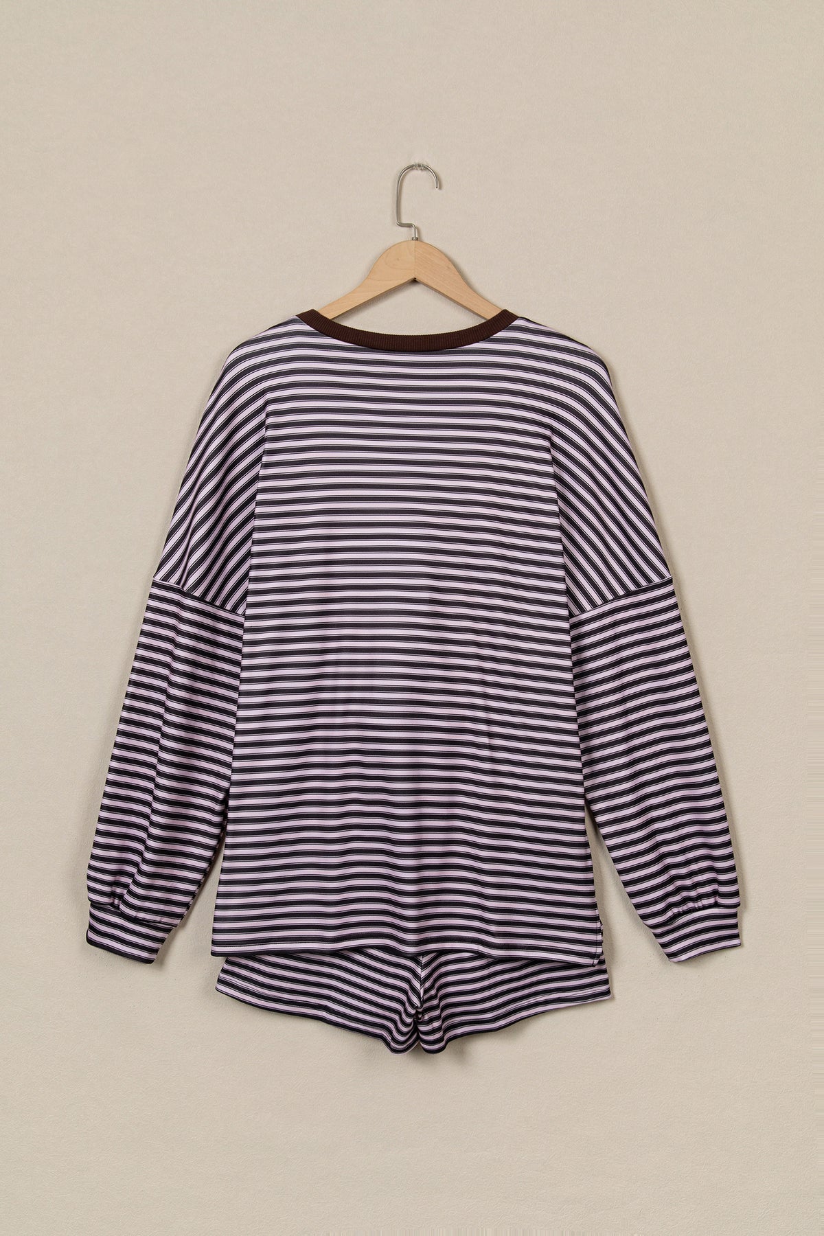 Brown Stripe Long Sleeve Oversized Top Pocketed Casual Shorts Two Piece Set-Two Piece Sets/Short Sets-[Adult]-[Female]-2022 Online Blue Zone Planet
