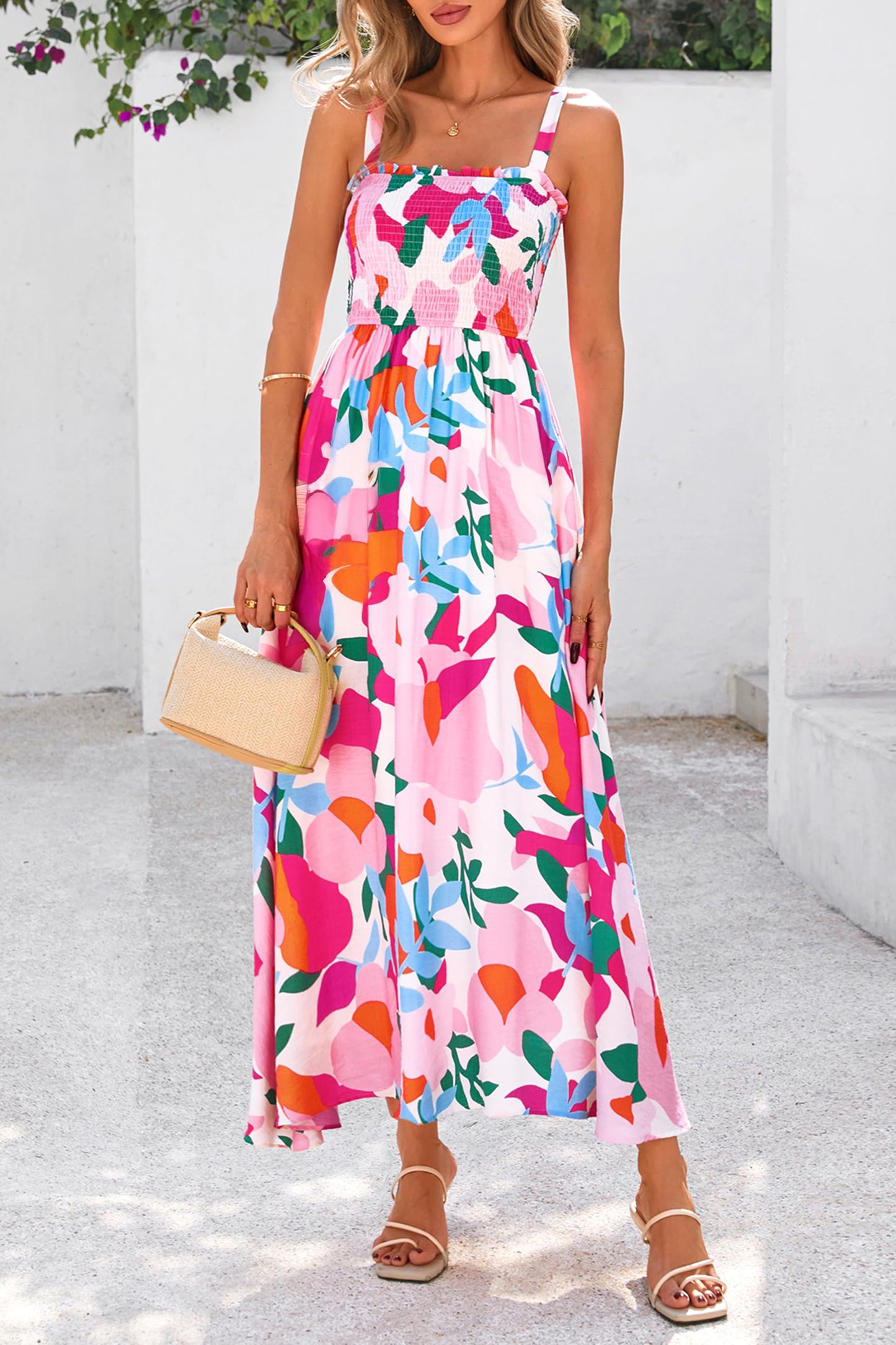 Pink Floral Print Adjustable Straps Smocked High Waist Sundress-Dresses/Floral Dresses-[Adult]-[Female]-2022 Online Blue Zone Planet
