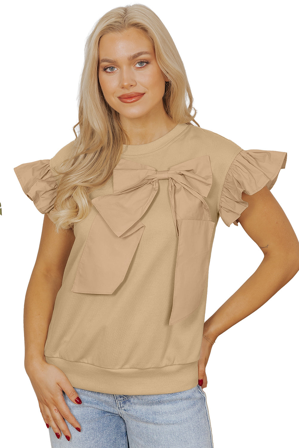 Parchment Ribbon Bow Ruffle Sleeve Round Neck Top-Blouses-[Adult]-[Female]-2022 Online Blue Zone Planet