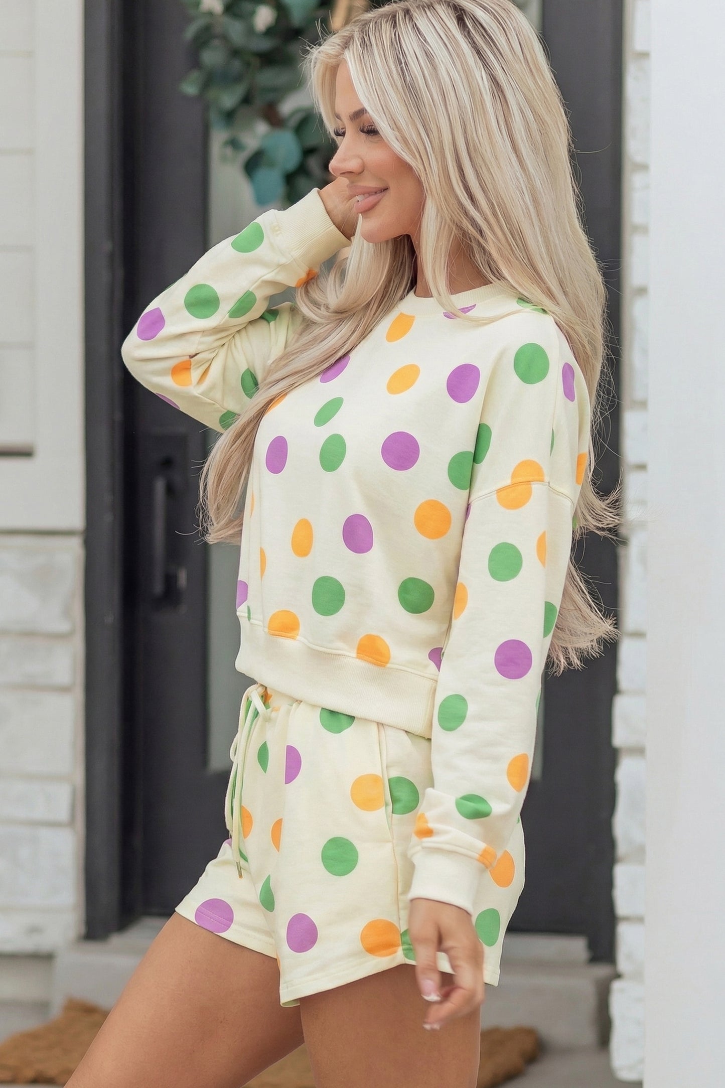 Multicolour Polka Dot Print Drop Shoulder Pullover Drawstring Shorts Set-Two Piece Sets/Short Sets-[Adult]-[Female]-2022 Online Blue Zone Planet