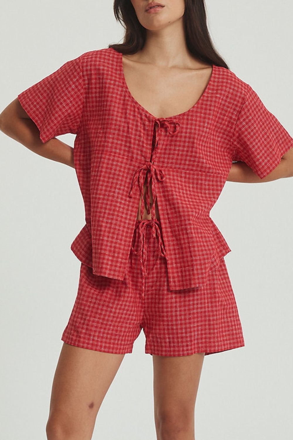 Plaid Tied Scoop Neck Short Sleeve Top and Drawstring Shorts Set-TOPS / DRESSES-[Adult]-[Female]-2022 Online Blue Zone Planet