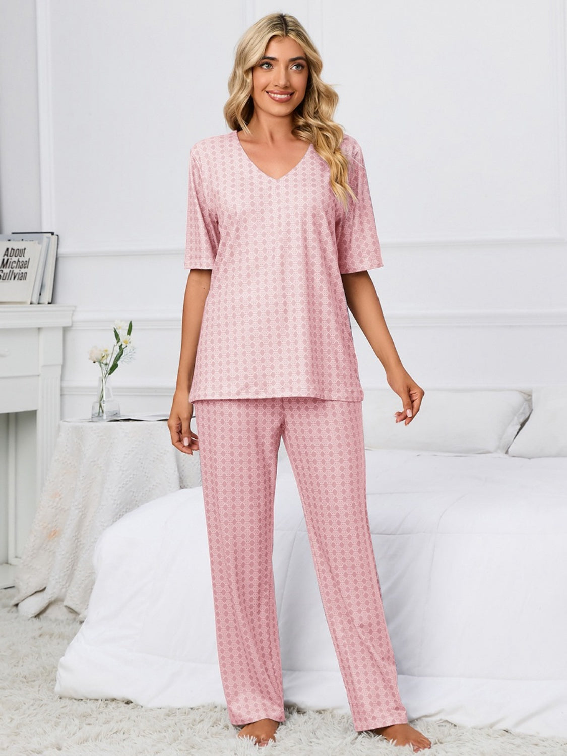 Blue Zone Planet | Printed V-Neck Top and Pants Lounge Set-TOPS / DRESSES-[Adult]-[Female]-Dusty Pink-S-2022 Online Blue Zone Planet