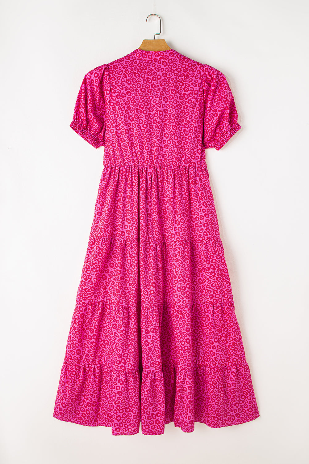 Rose Red Flower Mock Neck Puff Sleeve Tiered Maxi Dress Blue Zone Planet