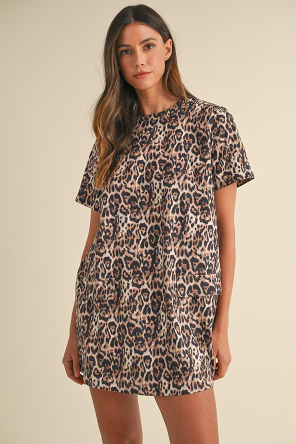 Brown Leopard Print Crew Neck Shift Short T Shirt Dress-TOPS / DRESSES-[Adult]-[Female]-2022 Online Blue Zone Planet