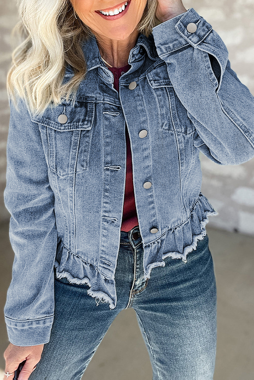 Blue Zone Planet | Navy Blue Ruffle Raw Hem Flap Pockets Denim Jacket-Outerwear/Denim jackets-[Adult]-[Female]-Beau Blue-S-2022 Online Blue Zone Planet