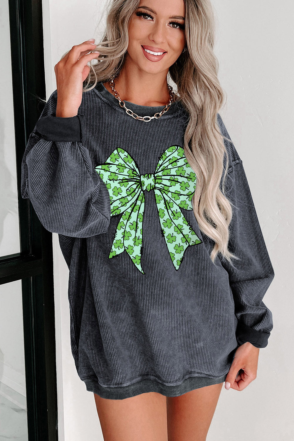 Gray Clover Bowknot Graphic Corded Pullover Sweatshirt-Graphic/Graphic Sweatshirts-[Adult]-[Female]-2022 Online Blue Zone Planet