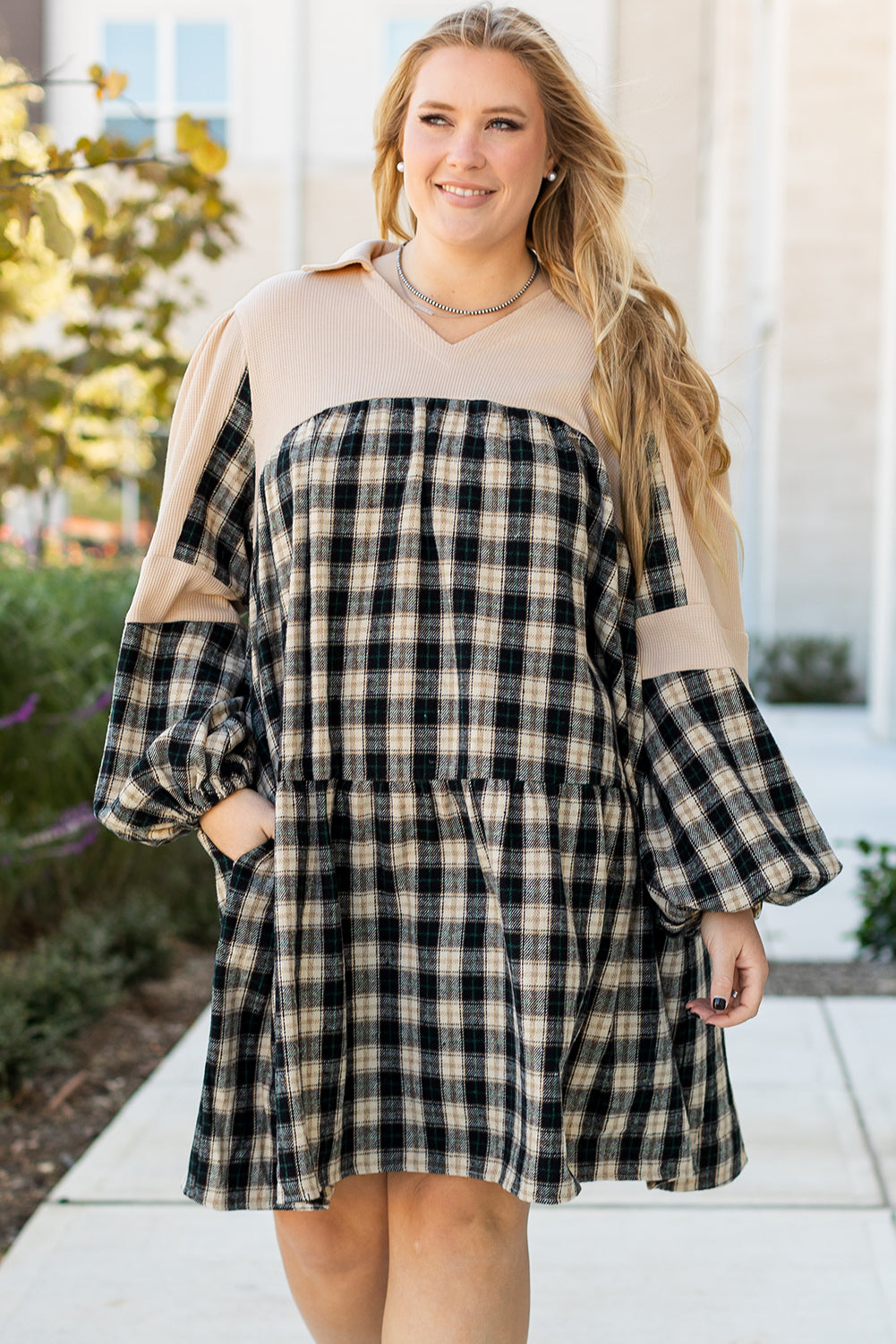 Blue Zone Planet | Black Plaid Waffle Knit Patchwork Collared V Neck Plus Size Mini Dress-TOPS / DRESSES-[Adult]-[Female]-2022 Online Blue Zone Planet