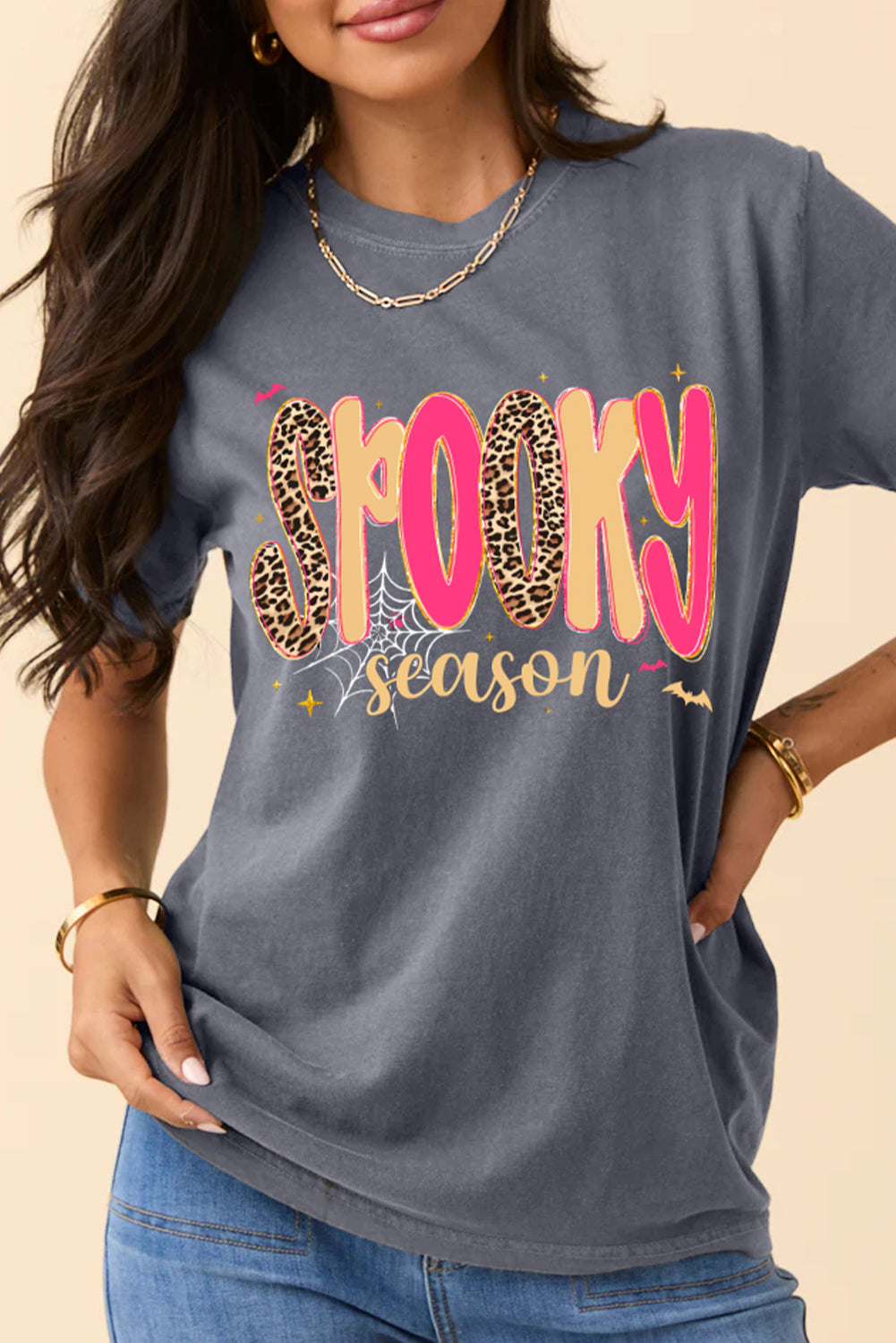 Gray Spooky Season Playful Halloween Graphic T Shirt-Graphic/Graphic Tees-[Adult]-[Female]-Gray-S-2022 Online Blue Zone Planet
