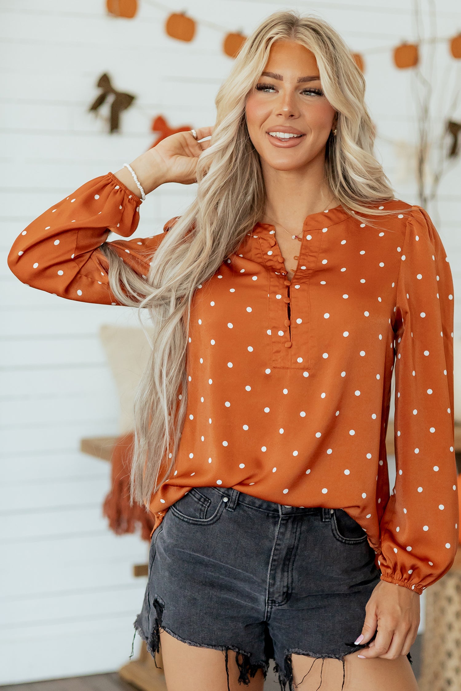 Brown Polka Dot Half Button V Neck Long Sleeve Blouse-Tops/Blouses & Shirts-[Adult]-[Female]-2022 Online Blue Zone Planet