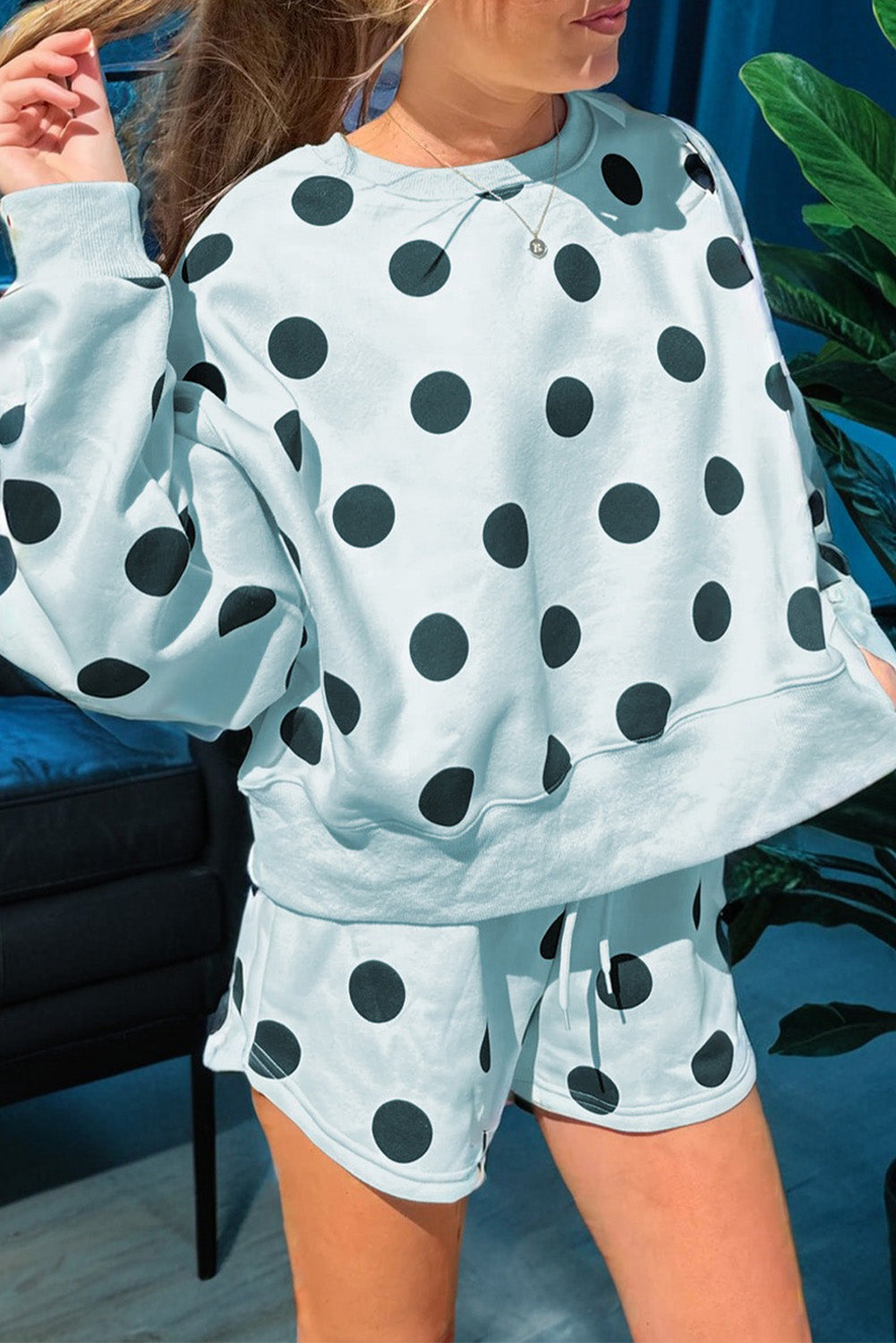 Sky Blue Polka Dot Print Drop Shoulder Pullover Drawstring Shorts Set-Two Piece Sets/Short Sets-[Adult]-[Female]-Sky Blue-S-2022 Online Blue Zone Planet