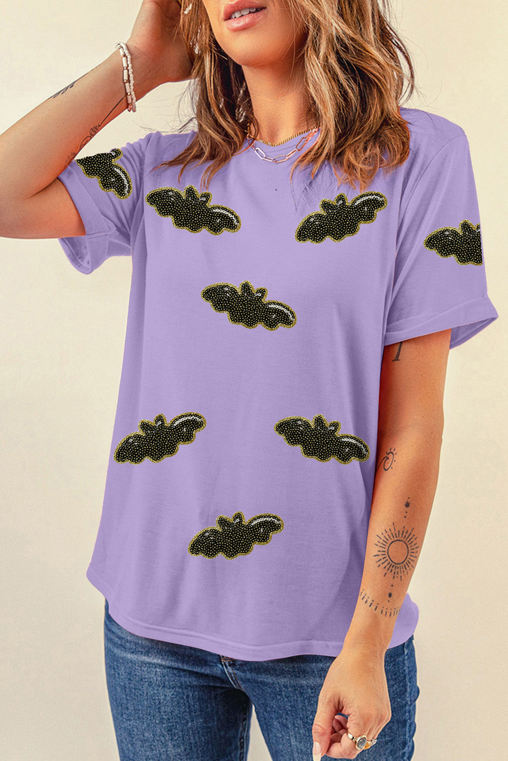 Wisteria Sequin Halloween Bat Patched Casual T Shirt-Graphic/Graphic Tees-[Adult]-[Female]-2022 Online Blue Zone Planet