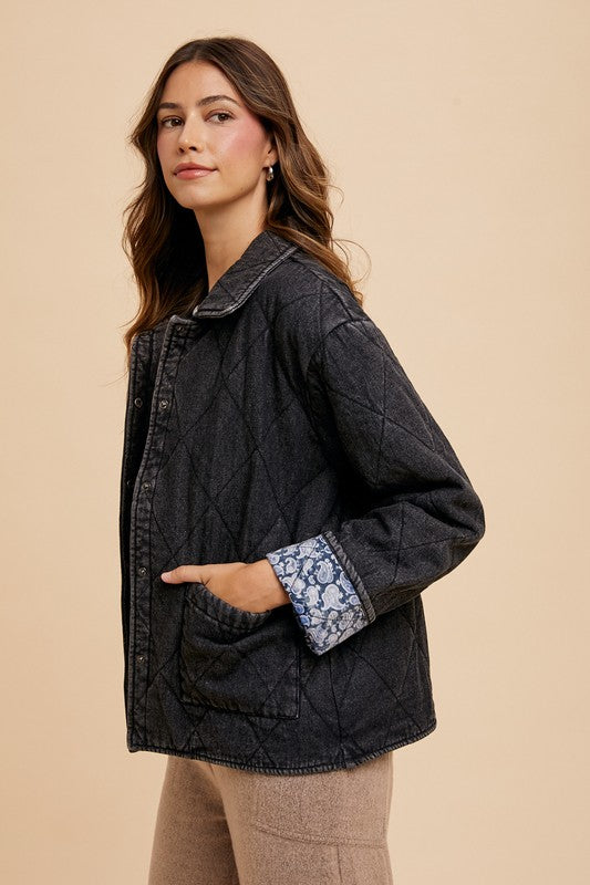 Annie Wear Quilted Printed Lining Snap Down Denim Jacket-TOPS / DRESSES-[Adult]-[Female]-2022 Online Blue Zone Planet