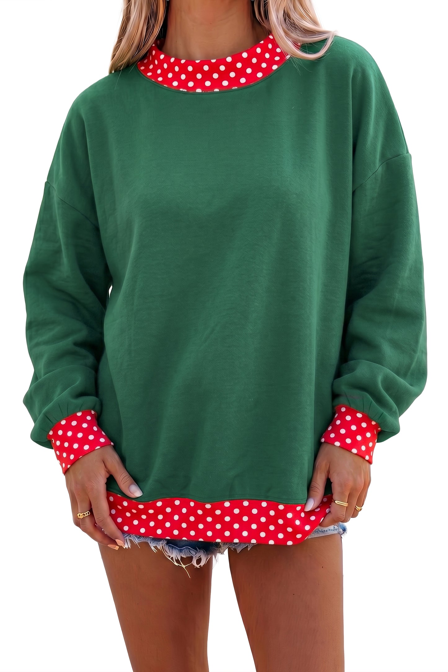 Dirty blue Colorblock Polka Dot Contrast Trim Oversized Sweatshirt-Tops/Sweatshirts & Hoodies-[Adult]-[Female]-2022 Online Blue Zone Planet
