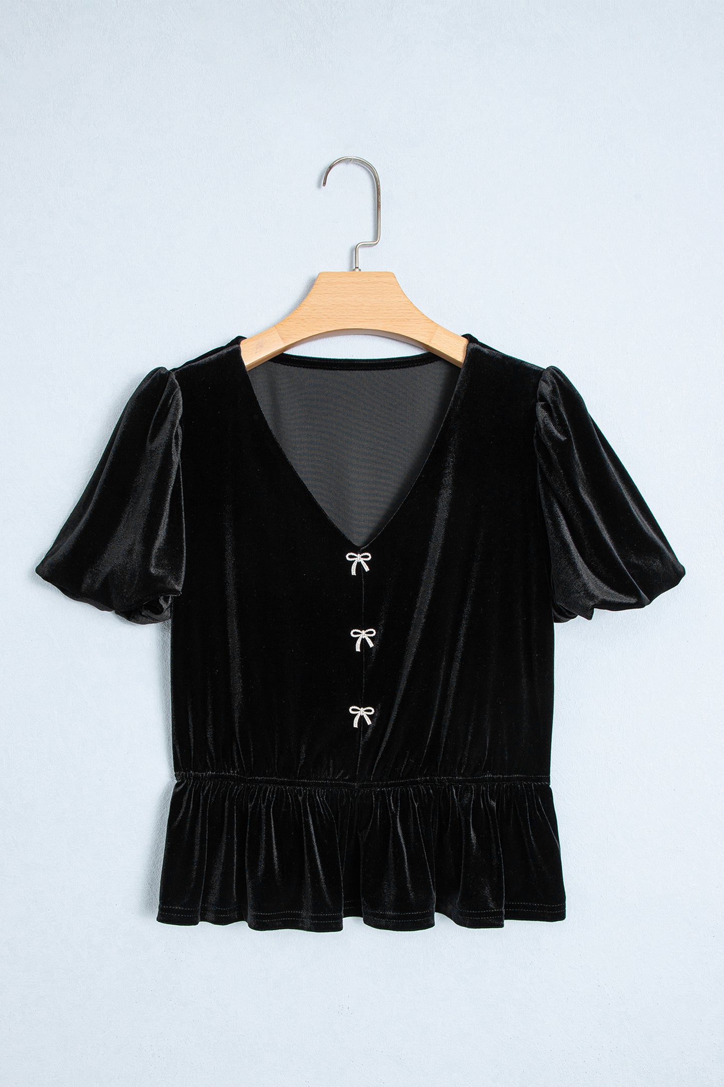 Black V Neck Bow Decoration Peplum Hem Shift Silhouette Short Sleeve Blouse