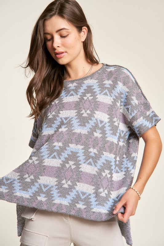 Davi & Dani High-Low Geometric Round Neck Knit Top-TOPS / DRESSES-[Adult]-[Female]-2022 Online Blue Zone Planet