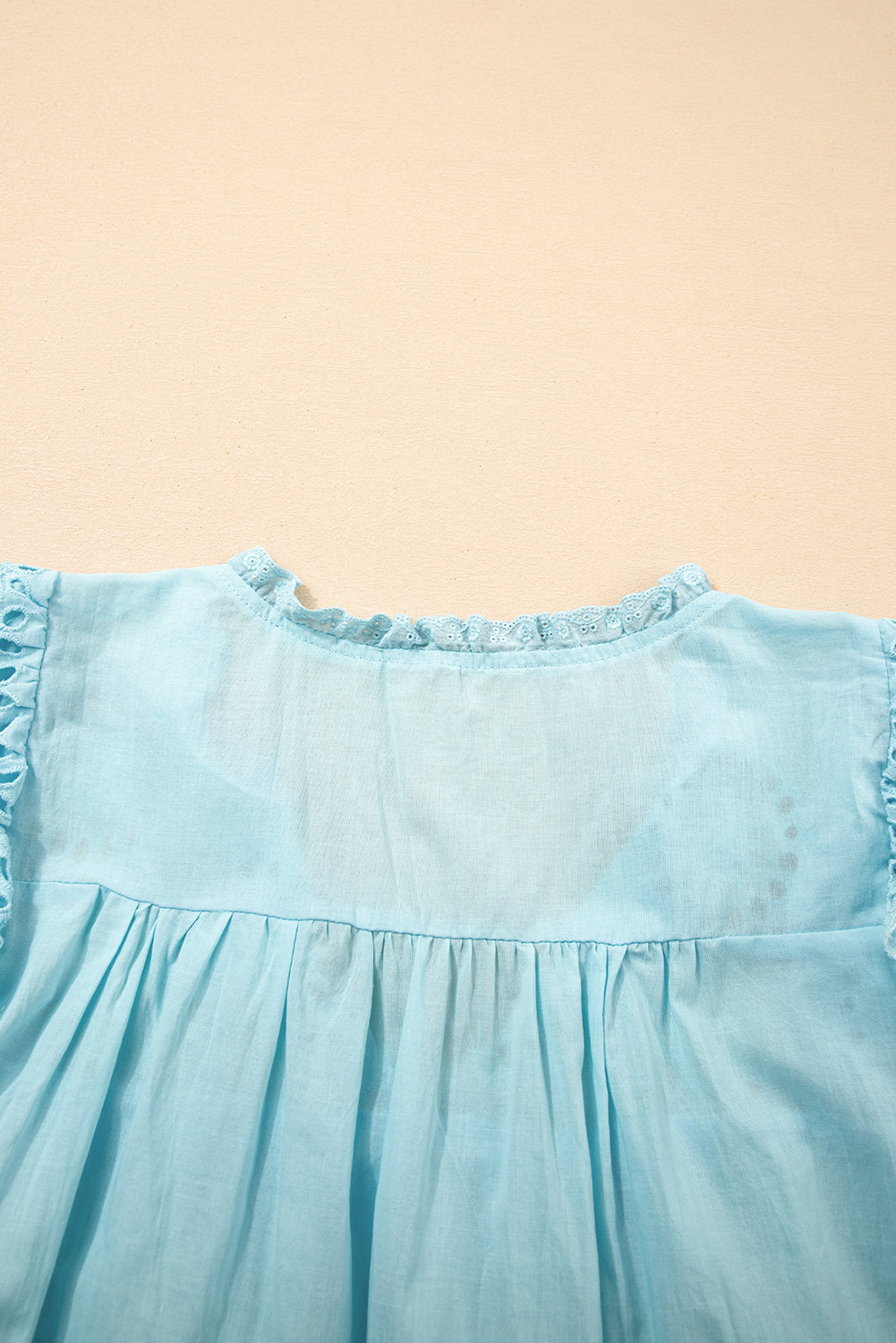 Mist Blue Embroidered Lace Patchwork Tie Neck Puff Short Sleeve Blouse-Tops/Blouses & Shirts-[Adult]-[Female]-2022 Online Blue Zone Planet