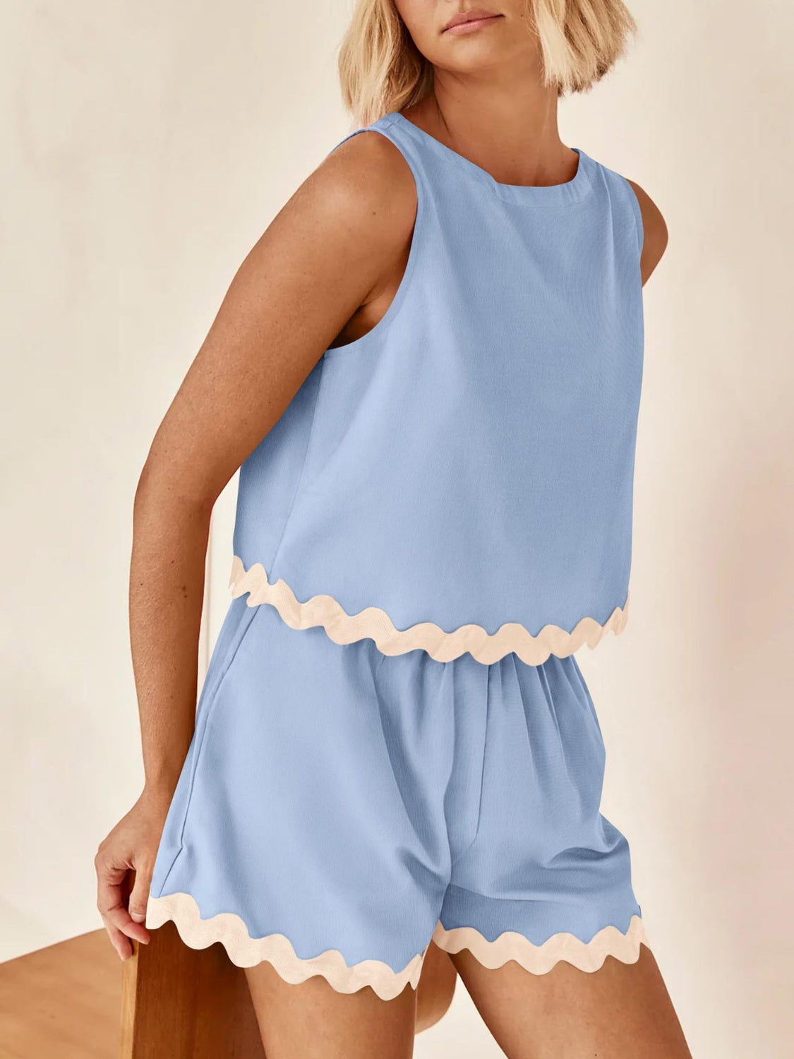 Contrast Trim Round Neck Top and Shorts Set-TOPS / DRESSES-[Adult]-[Female]-2022 Online Blue Zone Planet