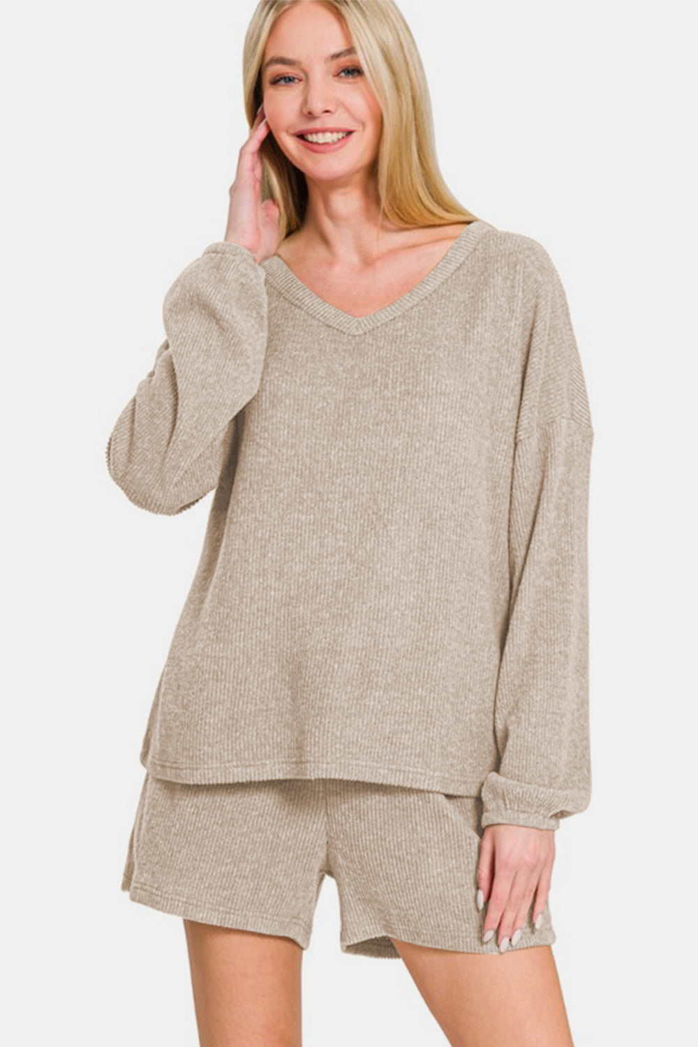 Zenana V-Neck Long Sleeve Ribbed Top and Shorts Set-TOPS / DRESSES-[Adult]-[Female]-Khaki-S-2022 Online Blue Zone Planet