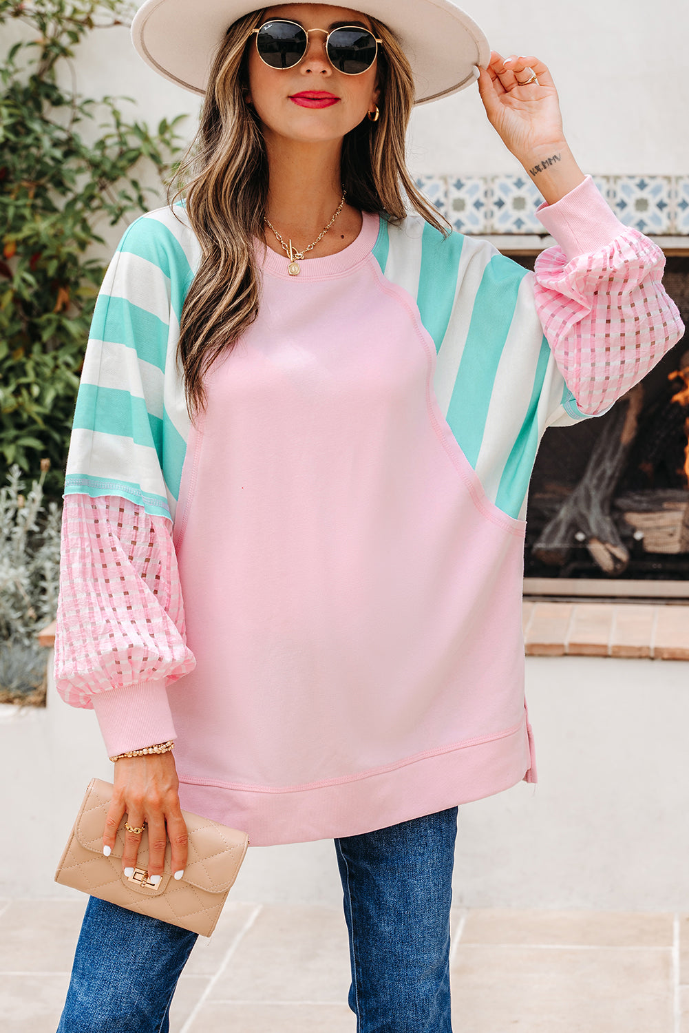 Bonbon Striped Colorblock Patchwork Raglan Pullover Top with Slits-Tops/Long Sleeve Tops-[Adult]-[Female]-2022 Online Blue Zone Planet